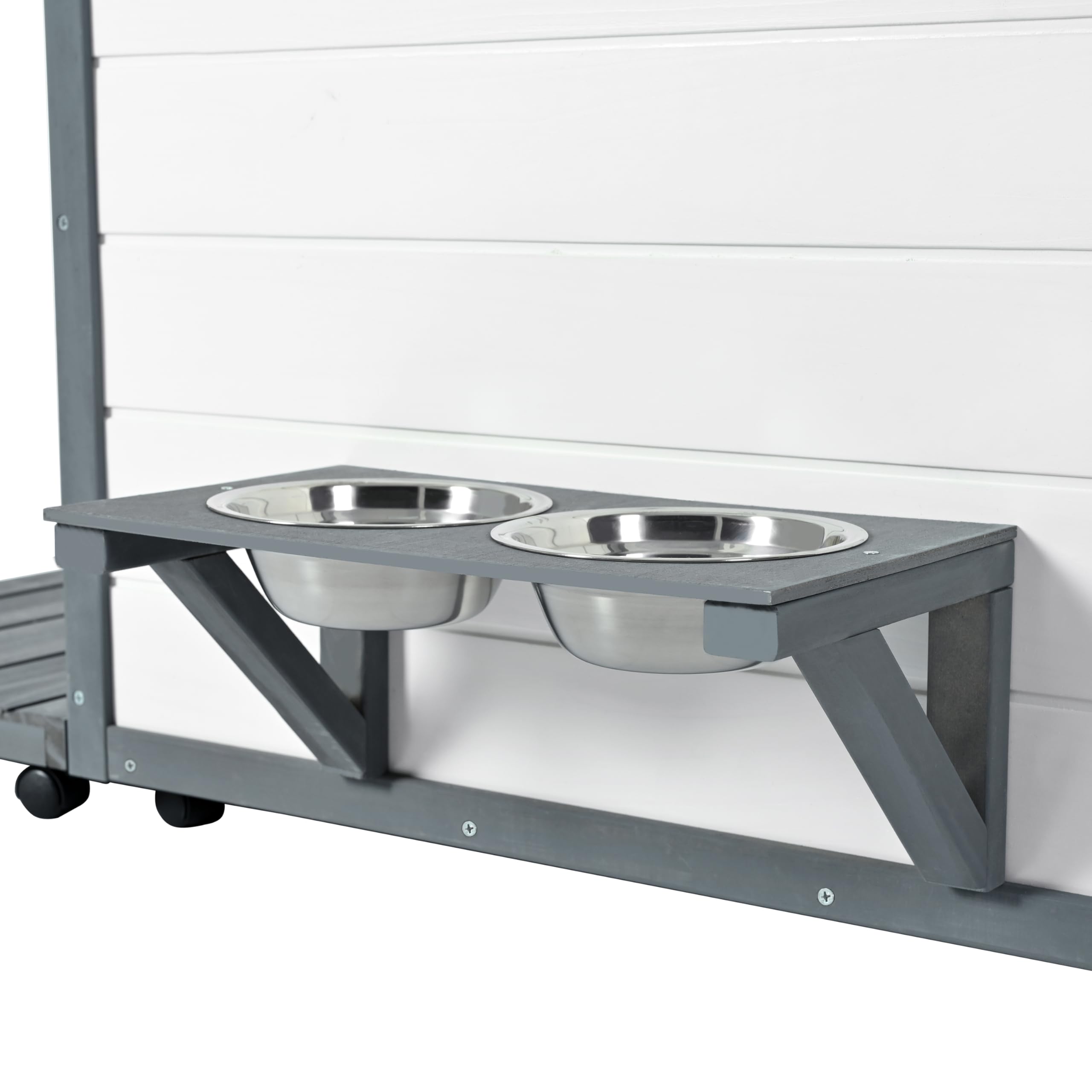 Yopto Dog House With Terrace,Weatherproof Pvc Roof Small Dogs Kennel W/ 2 Feeding Stainless Bowls And 4 Wheels,Indoor & Outdoor