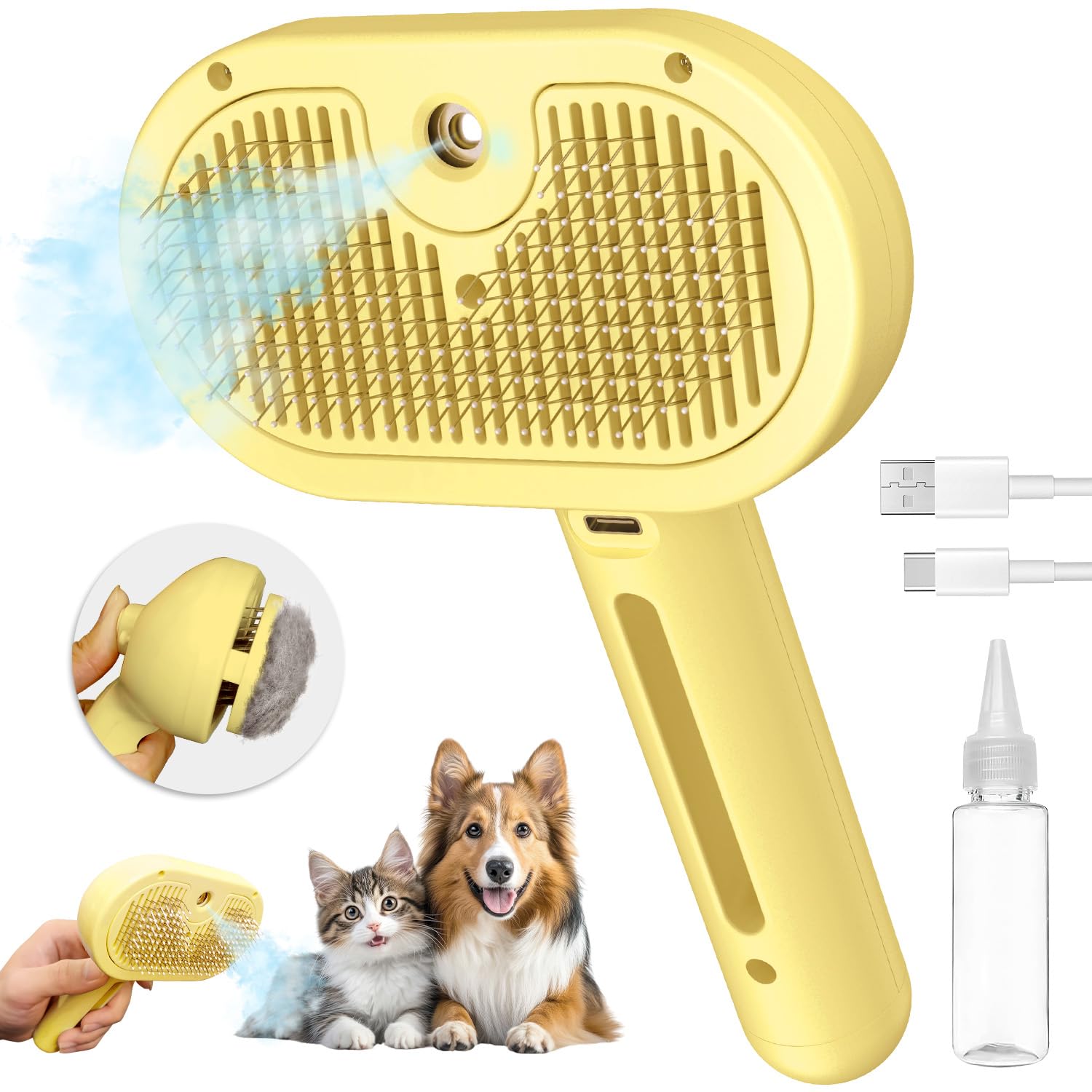 Pecait 3 In 1 Steamy Brush with Release Button and Tank, Anti-Static Pet Brush for Long and Short Hair Pets to Remove Tangles an