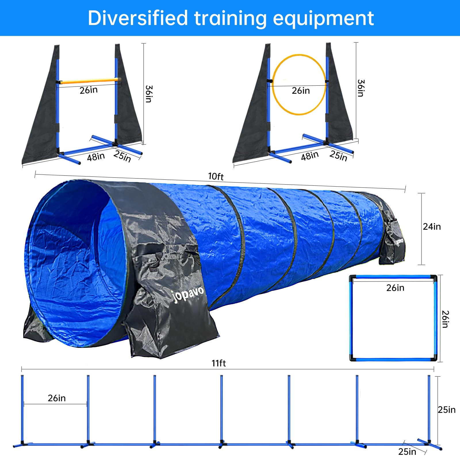 Dog Agility Course Backyard Set:10Ft Tunnel With 2 Sandbags,Agility Hurdle,Weave Poles,Jump Ring And Pause Box-Jopavo-Dog Traini