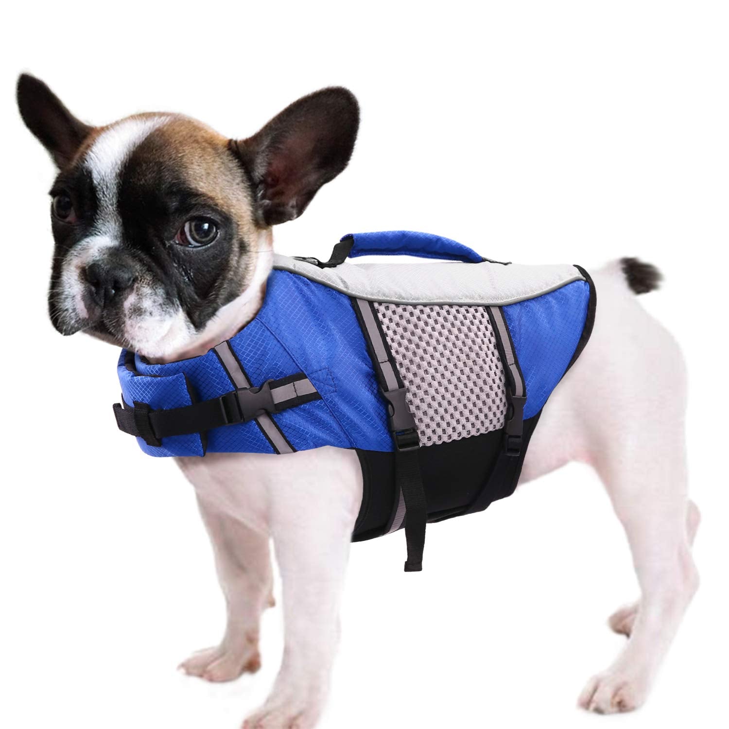 Dog Life Jacket Swimming Vest Lightweight High Reflective Pet Lifesaver With Lift Handle, Leash Ring Blue,L
