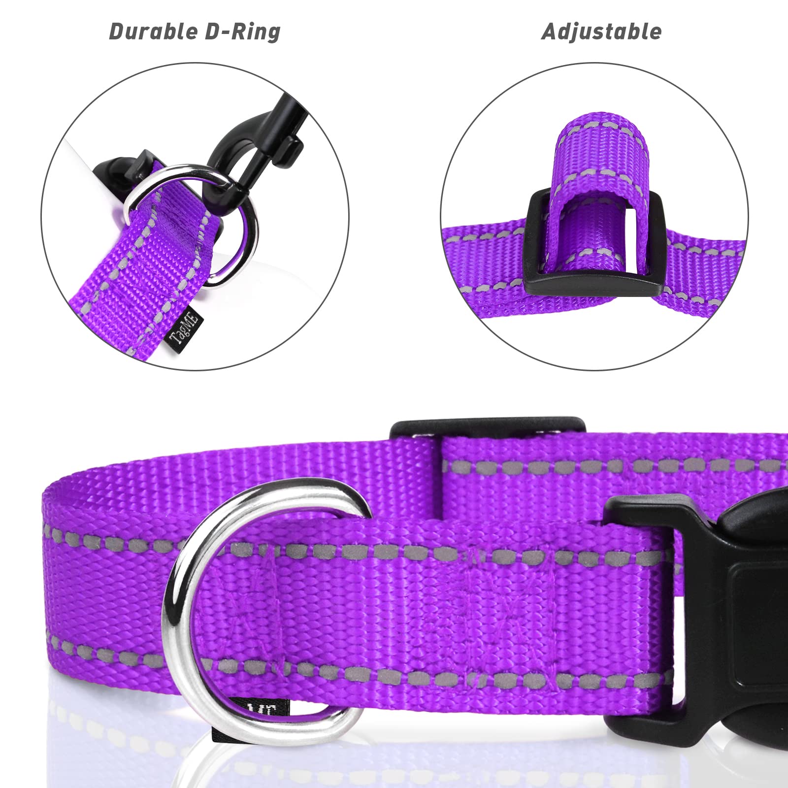 Tagme Reflective Nylon Dog Collars, Adjustable Classic Dog Collar With Quick Release Buckle For Extra Large Dogs, Purple, 1¼' Width
