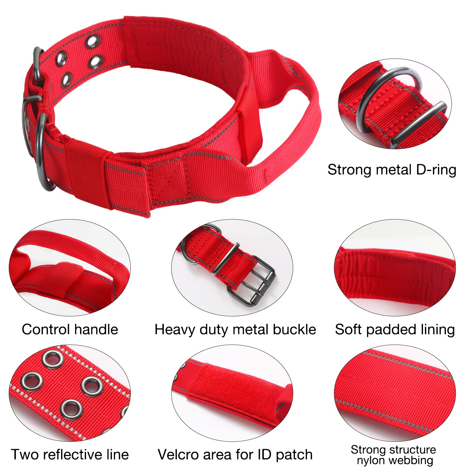Yunleparks Reflective Dog Collar Heavy Duty Tactical With Control Handle And Metal Buckle For Dog Training(X-Large, Red)