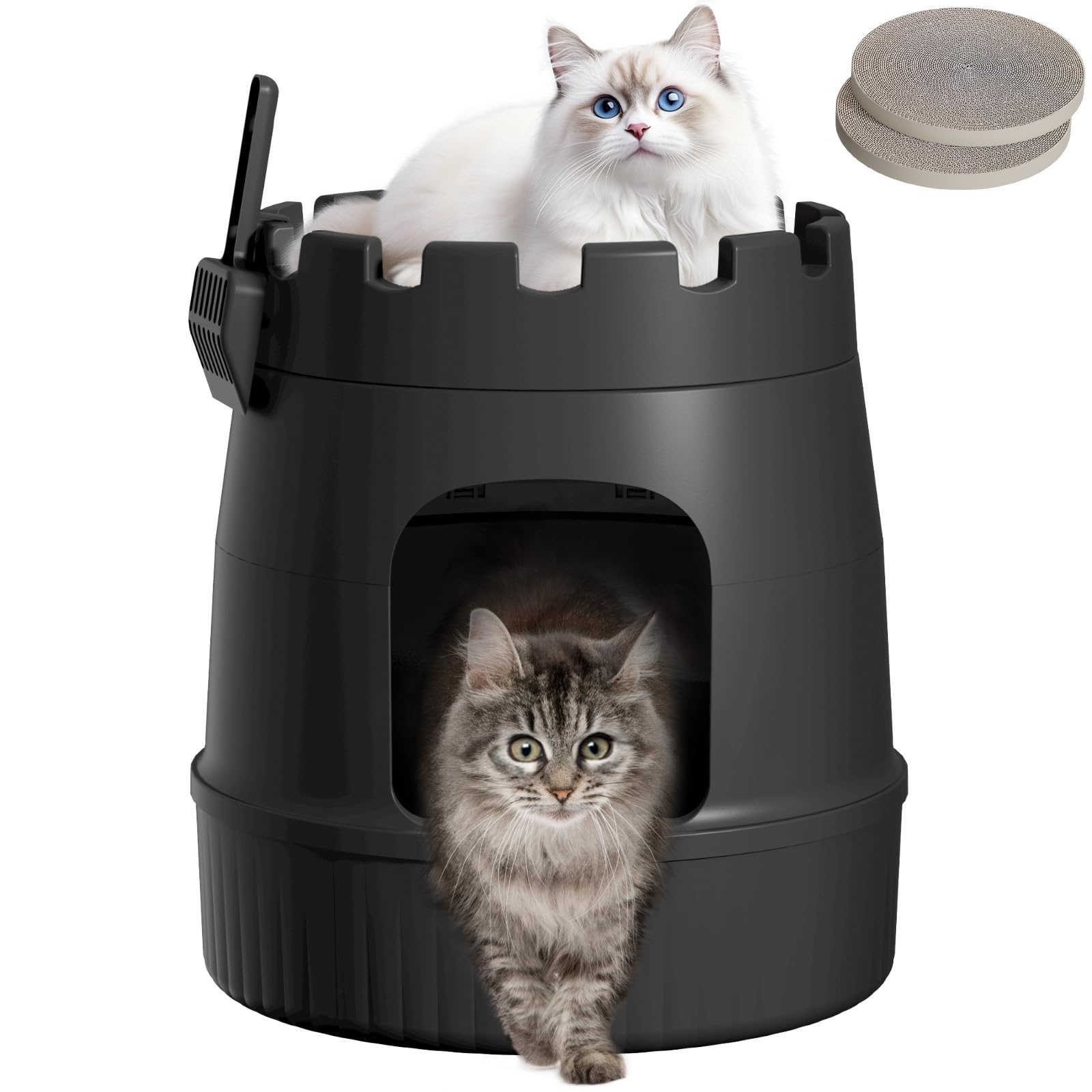 Lifewit Castle Cat Litter Box With Scratching Board & Scoop, Hidden Covered Kitty Litter Box Enclosure With Odor Control & Carbo