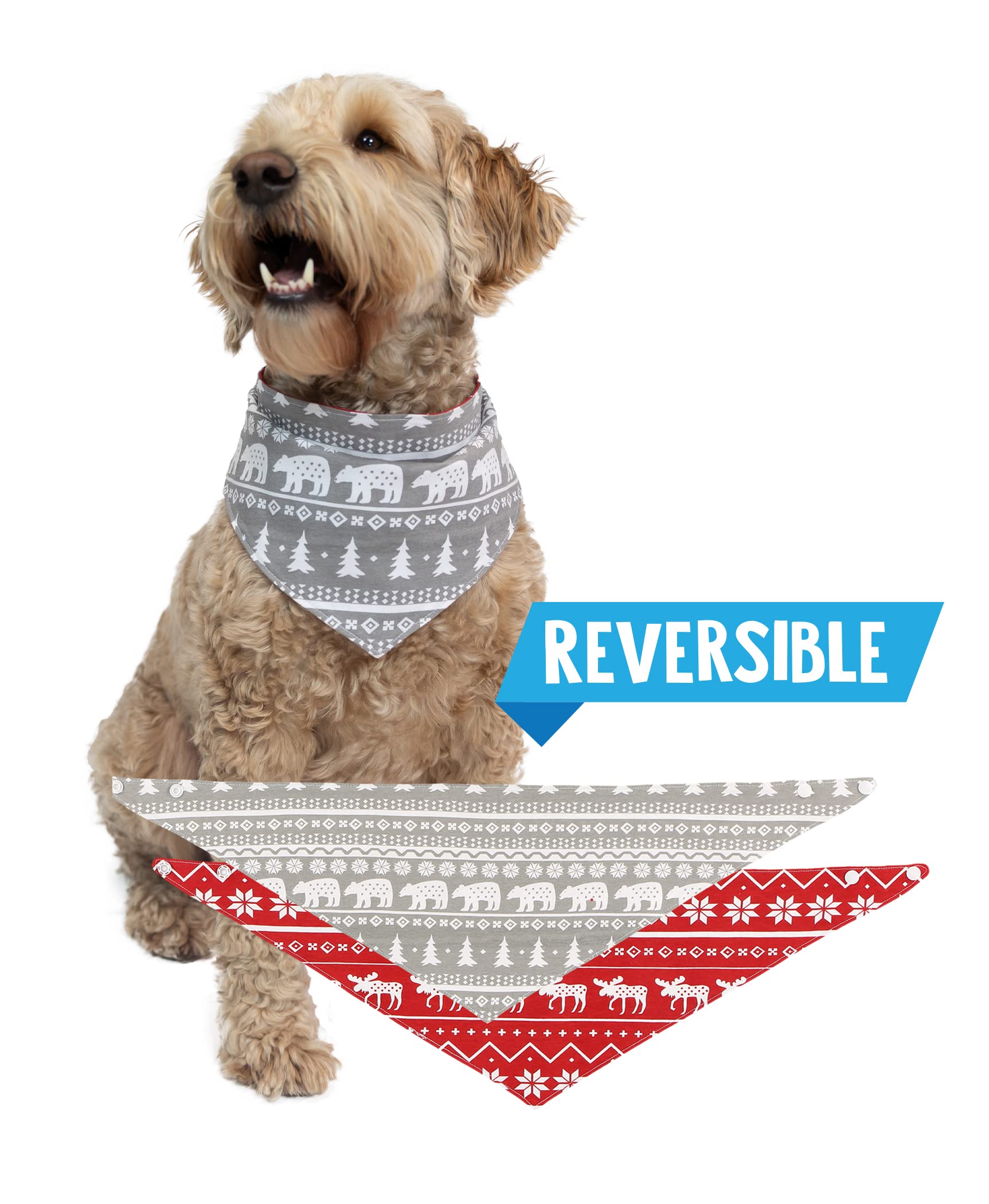 Lazy One Reversible Dog Bandana, Cute Accessories For Pets, Moose, Bear, Winter (X-Small/Small, Nordic Dog)