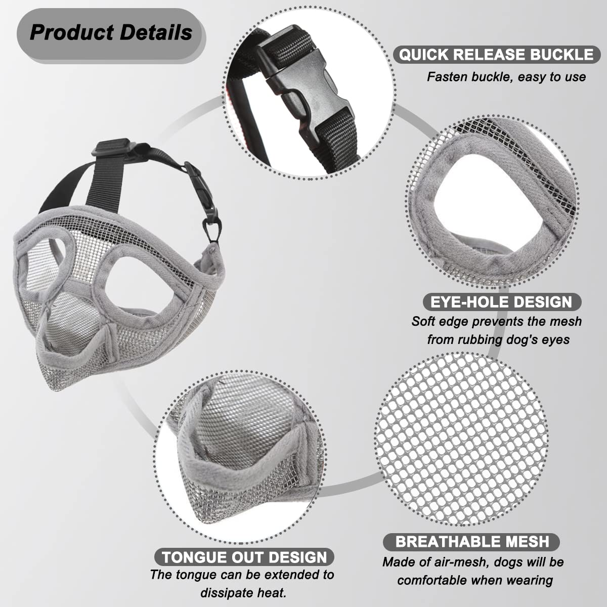 BARKLESS French Bulldog Muzzle - Short Snout Mesh Dog Muzzle, XXS, Grey, for Biting, Chewing, and Grooming