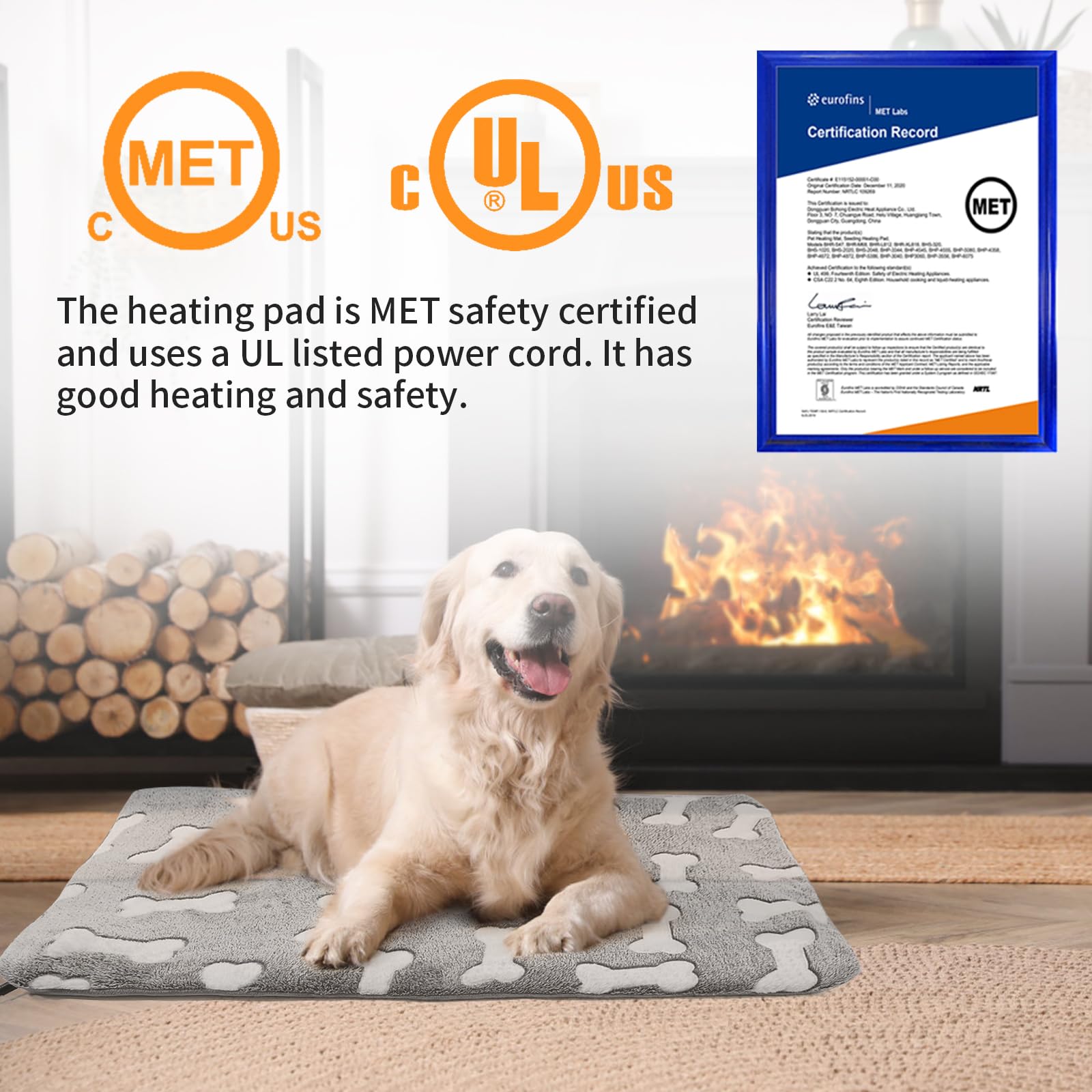 Bestio Largr Dog Heating Pad,34 X 21 In Heated Dog Bed, Adjustable Thermostat + Normally On Function,Metal Protective Tube For K