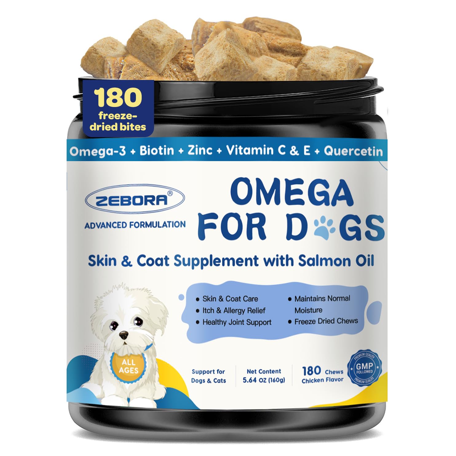 ZEBORA Salmon Oil for Dogs, Omega 3 Fish Oil for Dogs Skin and Coat with EPA & DHA, Zinc, Biotin, Quercetin, Vitamin C & E for D