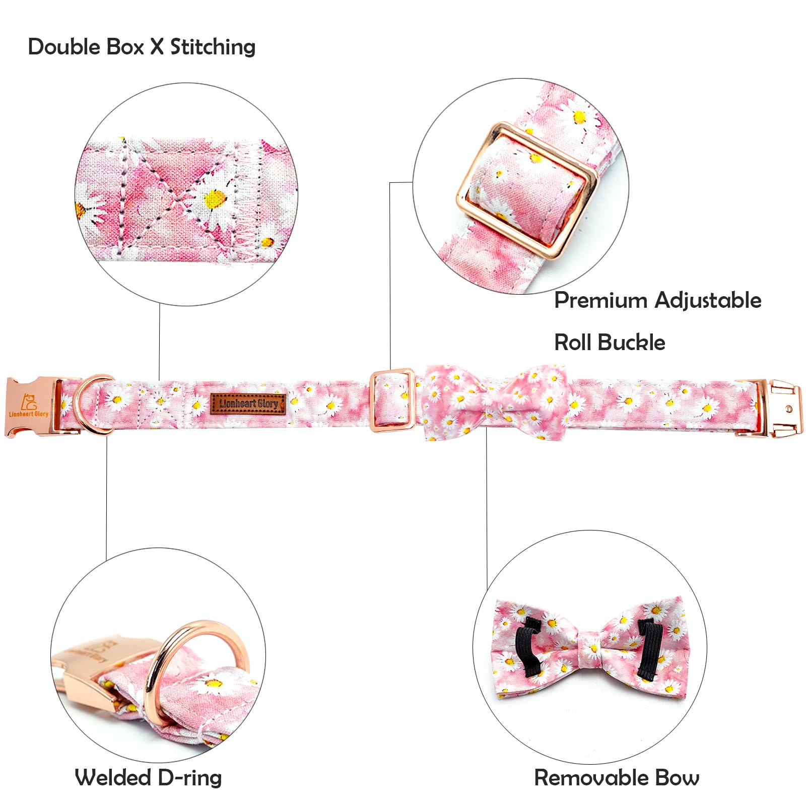 Lionheart Glory Dog Collar, Pink Floral Pattern Dog Bow Collar Girl Dog Collars With Bows Adjustable Durable Collar For Small Do