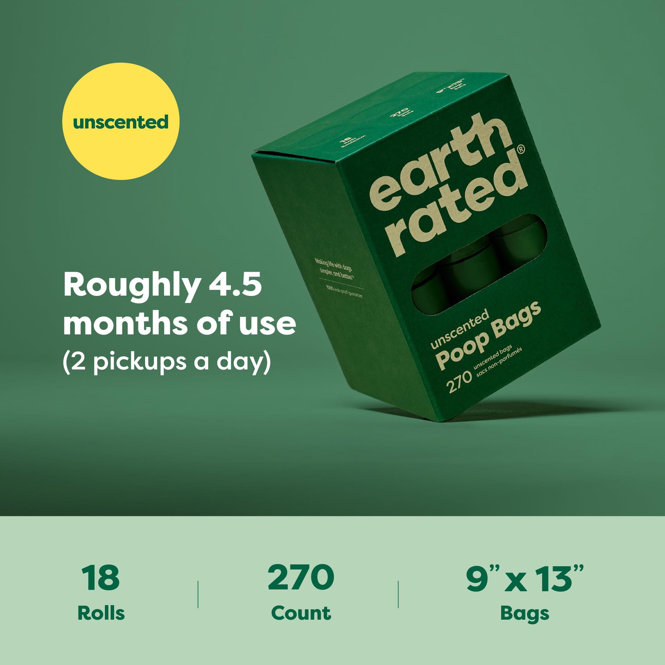Earth Rated Poop Bags For Dogs, Guaranteed Leak Proof And Extra Thick Waste Bag Refill Rolls, Unscented, 270 Count