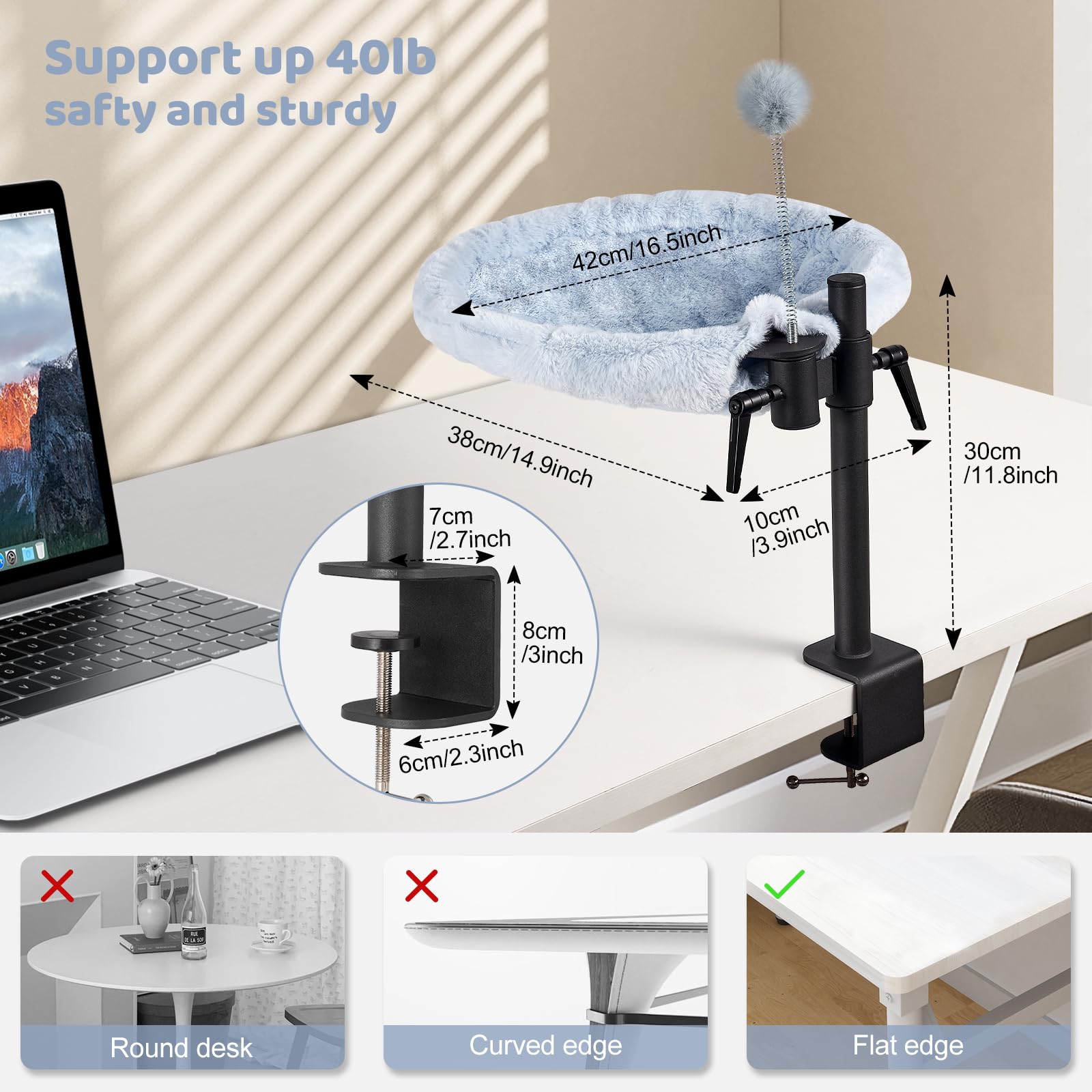 Odoland Cat Desk Bed - Summer Winter Mattresses Adjustable Height Desktop Kitten Bed Deskside Dreamer Indoor Cats Hammock With M