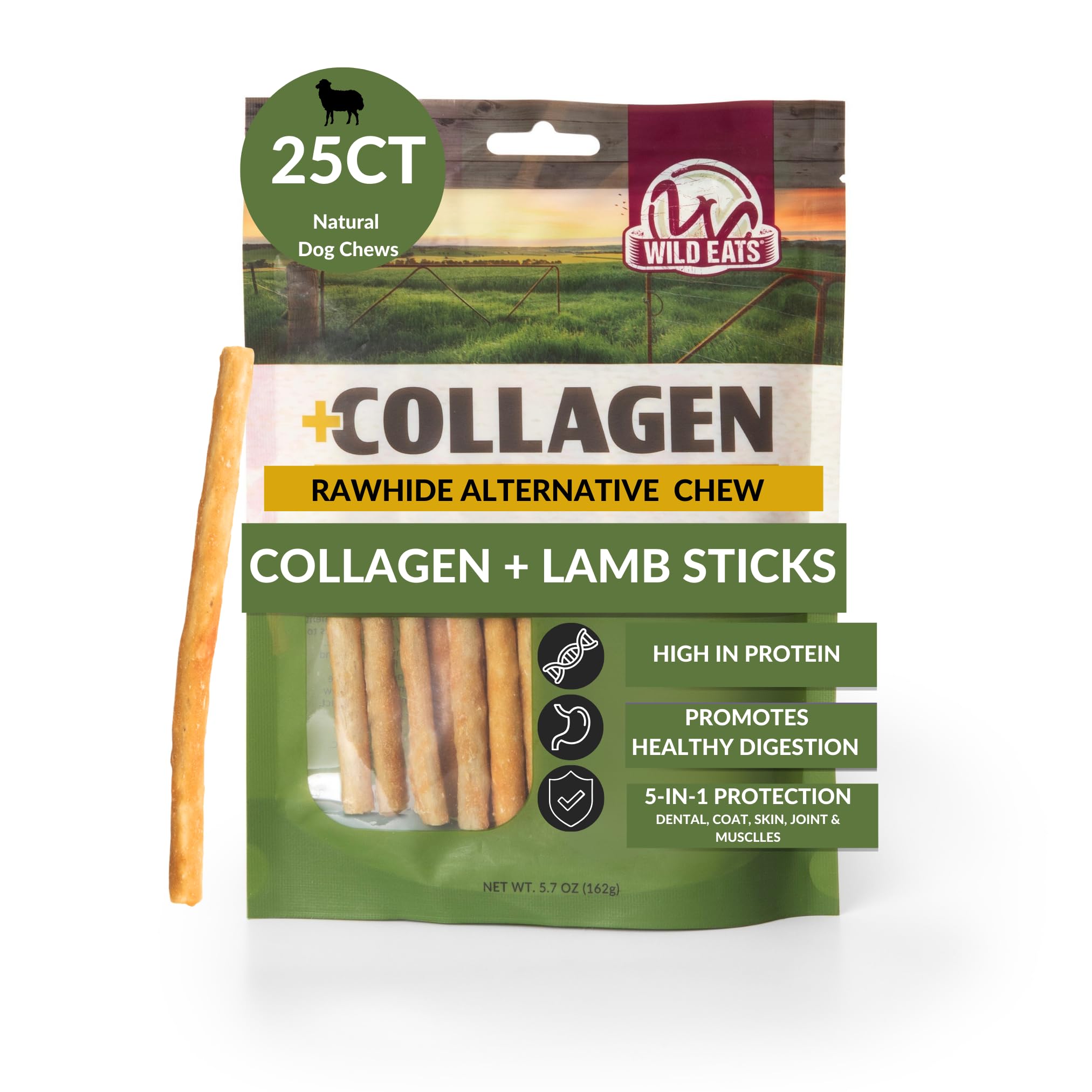 Wild Eats Lamb Collagen Sticks for Dogs (25 Pack, 0.6 cm Wide) Long Lasting Dog Chews No Hide Dog Treat Bully Stick Alternative,