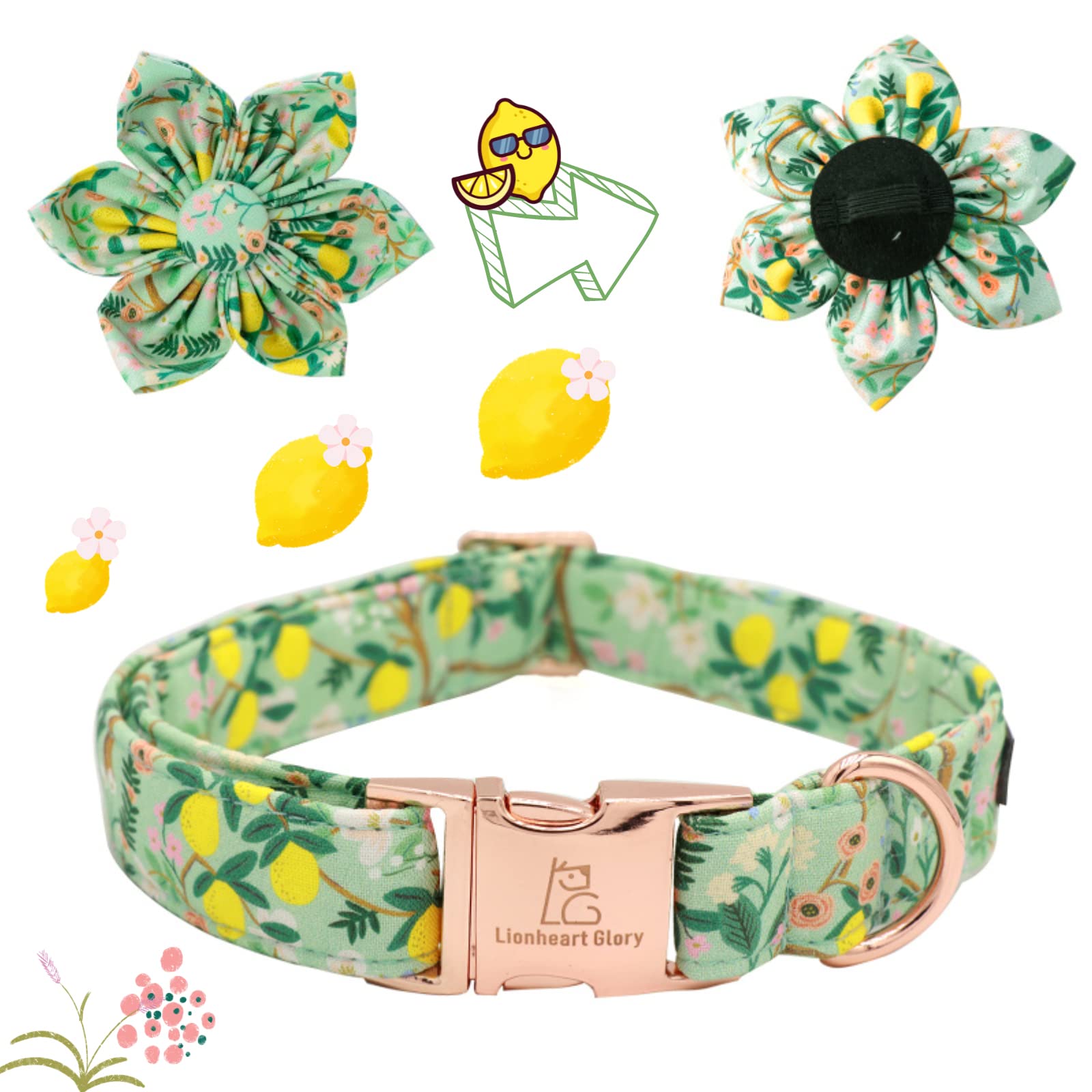 Lionheart Glory Dog Collar, Dog Collar with Flower, Cute Lemon Floral Pattern Pet Collar Adjustable Dog Collar for X-Small Dogs