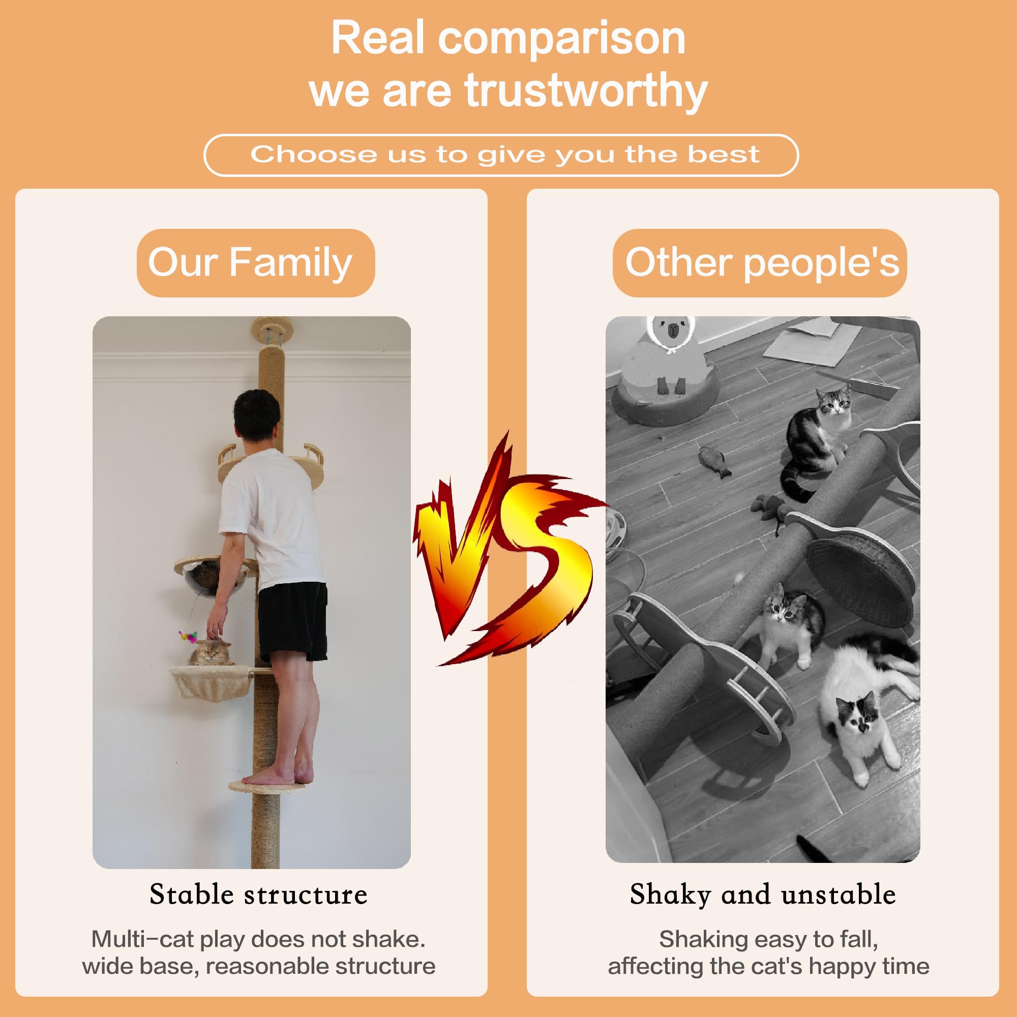 Floor to Ceiling Cat Tree Height (50-120 in) Adjustable Cat Tower 5 Tier Hemp Scratching Post High Cat Tree Sturdy Activity Tree