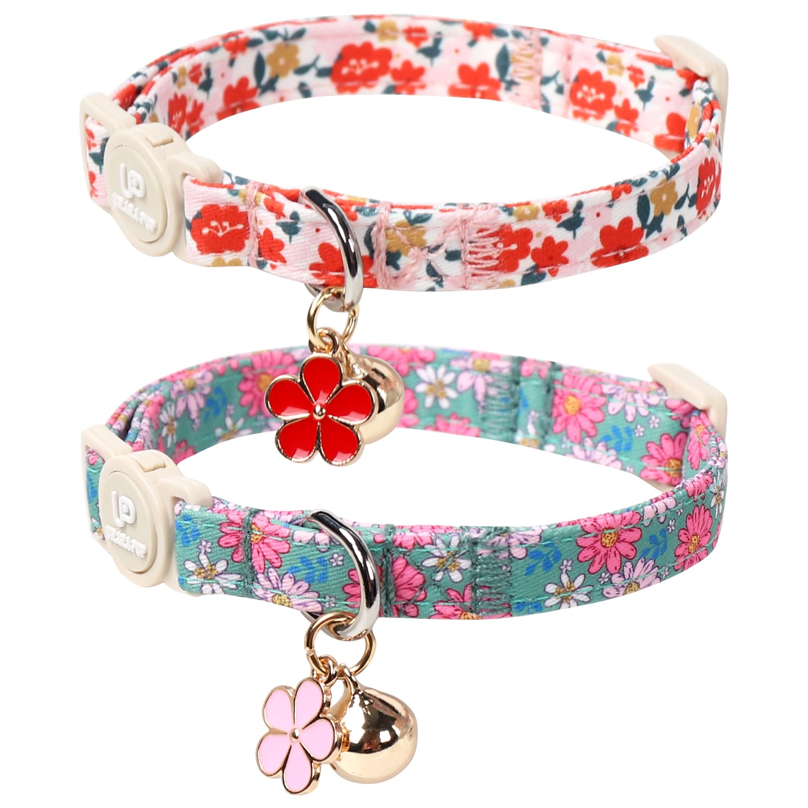 Up Urara Pup Cat Collar,2Pack Summer Cat Collars Cute Breakaway,Spring Green Leaf Flower Kitten Collar With Bell, Kitty Collars 