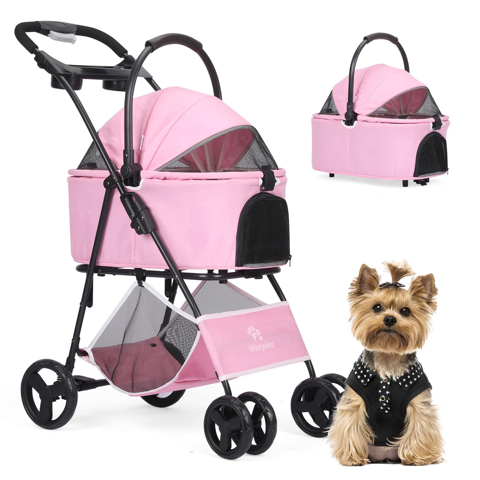 Pet Stroller, 4 Wheels Pet Strolling Cart for Medium/Small Dogs and Cats, Foldable Cat Jogger/Dog Stroller with Cup Holder, Stor