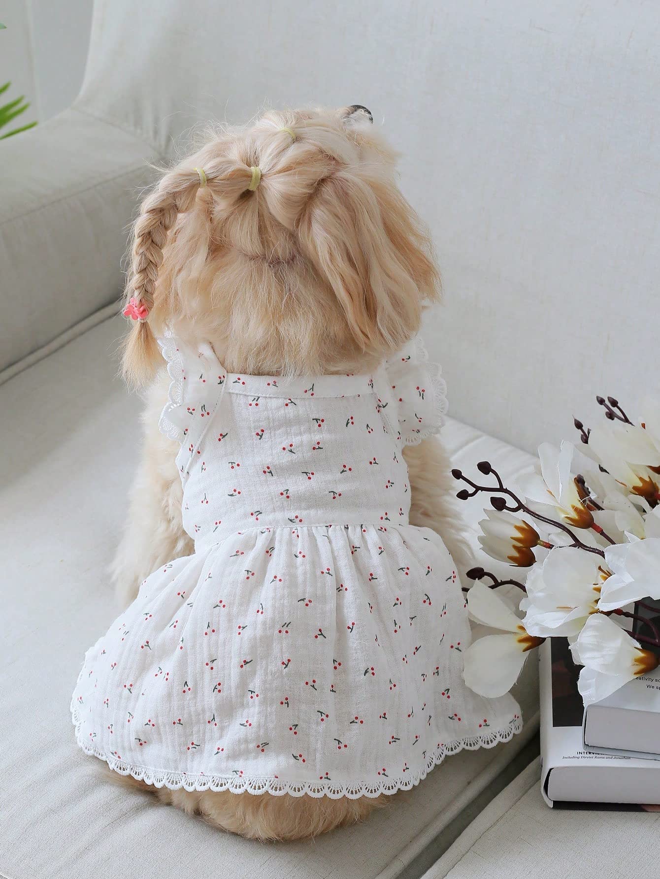 Qwinee Lace Trim Dog Dress Apparel Cherry Print Cat Puppy Skirts Cute Pet Tutu Breathable Summer Birthday Holiday Dress For Smal