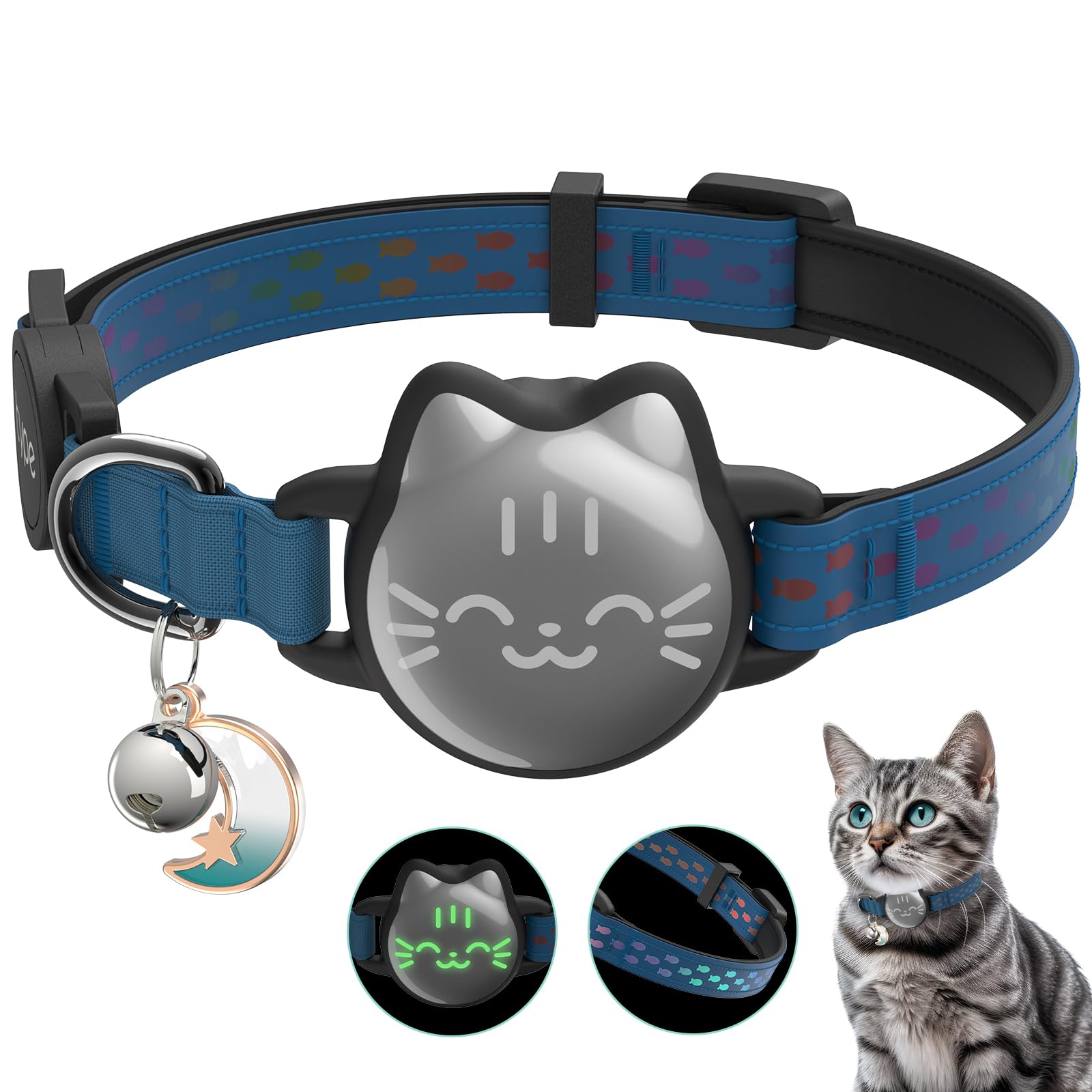 Waterproof Airtag Cat Collar, Breakaway Cat Airtag Collar With Luminous & Reflective Pattern Strap, Lightweight Kitten Collar For Apple Air Tag, Hidden Holder For Gps Tracker - Cats, Kittens (9-13')