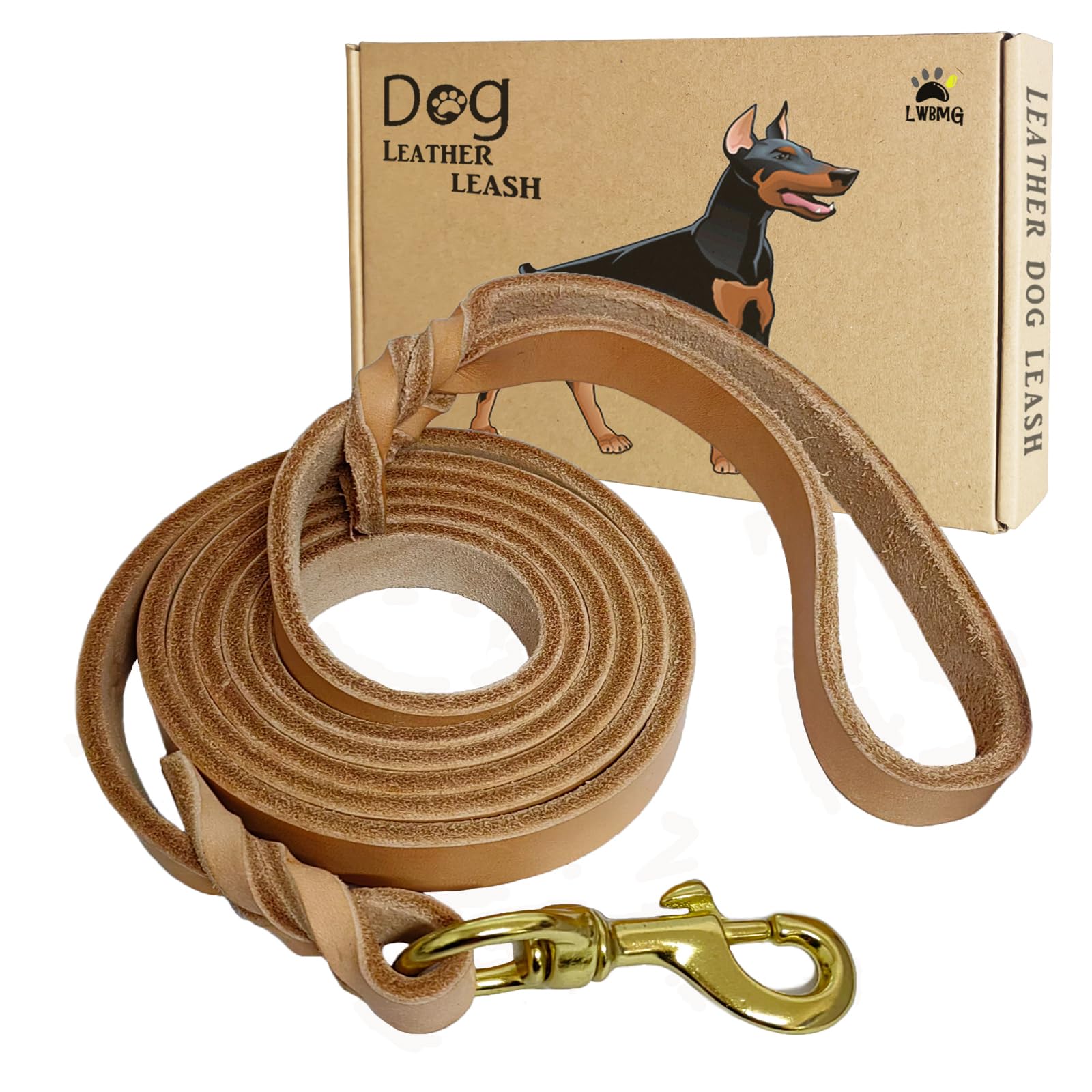 Lwbmg Leather Dog Leash - 6Ft X 3/4 Inch Heavy Duty, Braided, Comfortable For Large, Medium & Small Dogs - Training Tan