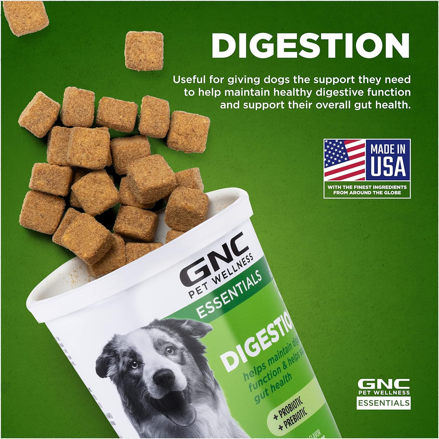 GNC Pets Essentials Digestion Supplements for All Dogs, 60ct - 3 Pack| Soft Chews Bacon Flavor 12oz Reusable Container | Daily S