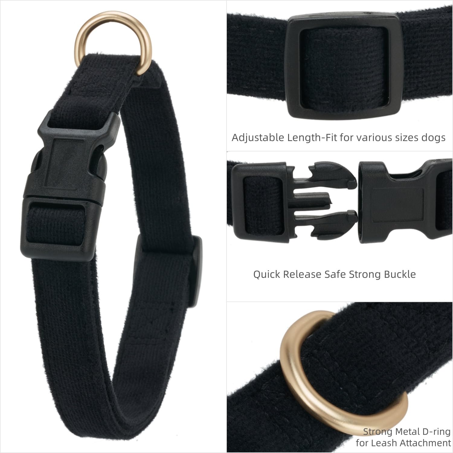 Petiry Soft Corduroy Fibric Dog Collar, Quick Side Release Buckle, for Small Dogs.(Black,Small:10-15'')
