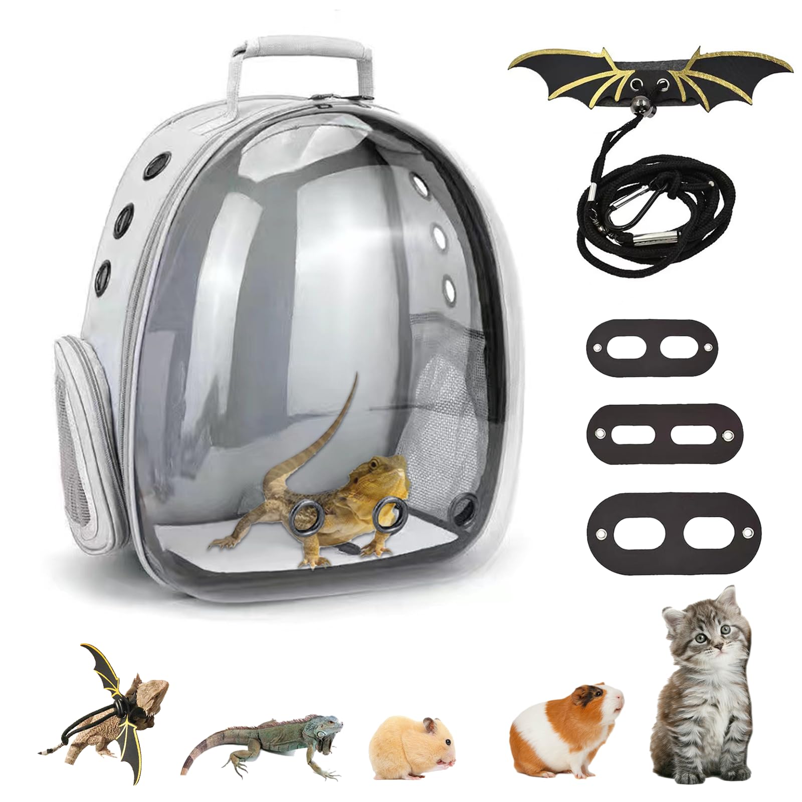 CUTENNIOU Bearded Dragon Carrier with Harness and Leash Set Large Small Animal Carrier Backpack Bubble Window Portable Small Pet