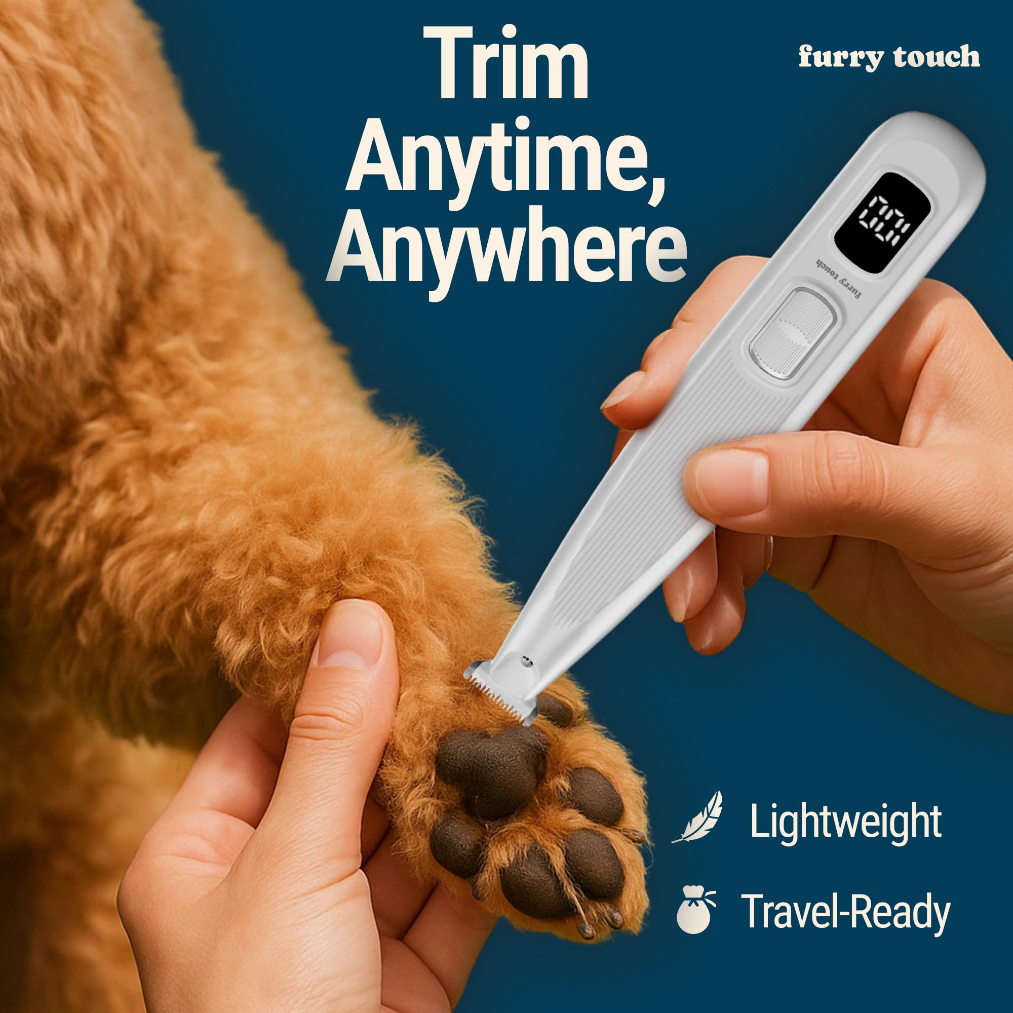 Furry Touch Dog Paw Trimmer - Electric Cordless Pet Clippers for Dogs & Cats - Quiet Dual-Speed Groomer with Pet-Safe Blade for