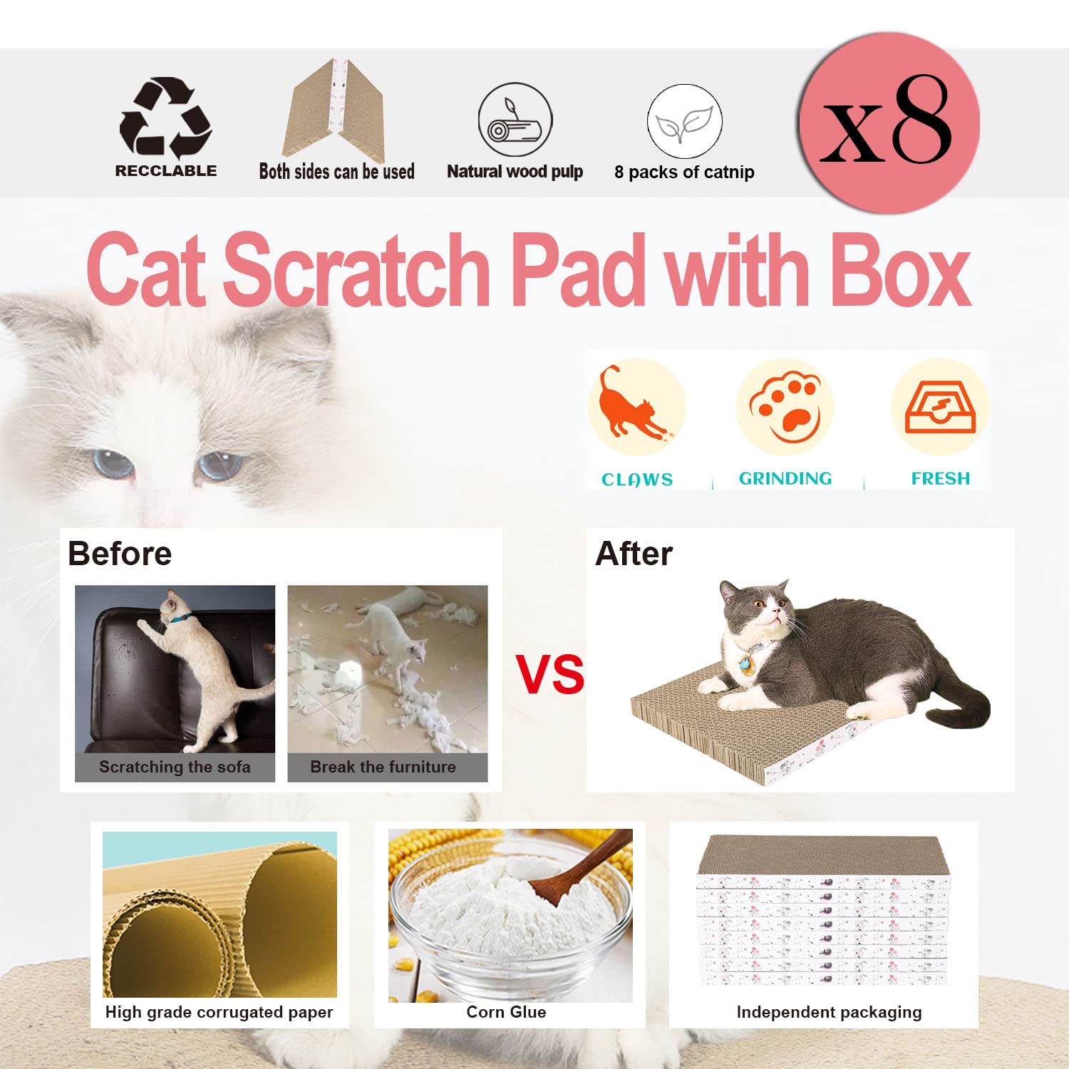 8 Packs In 1 Cat Scratch Pad, Cat Scratcher Cardboard,Reversible,Durable Recyclable Cardboard, Premium Scratch, Suitable For Cats To Rest, Grind Claws And Play