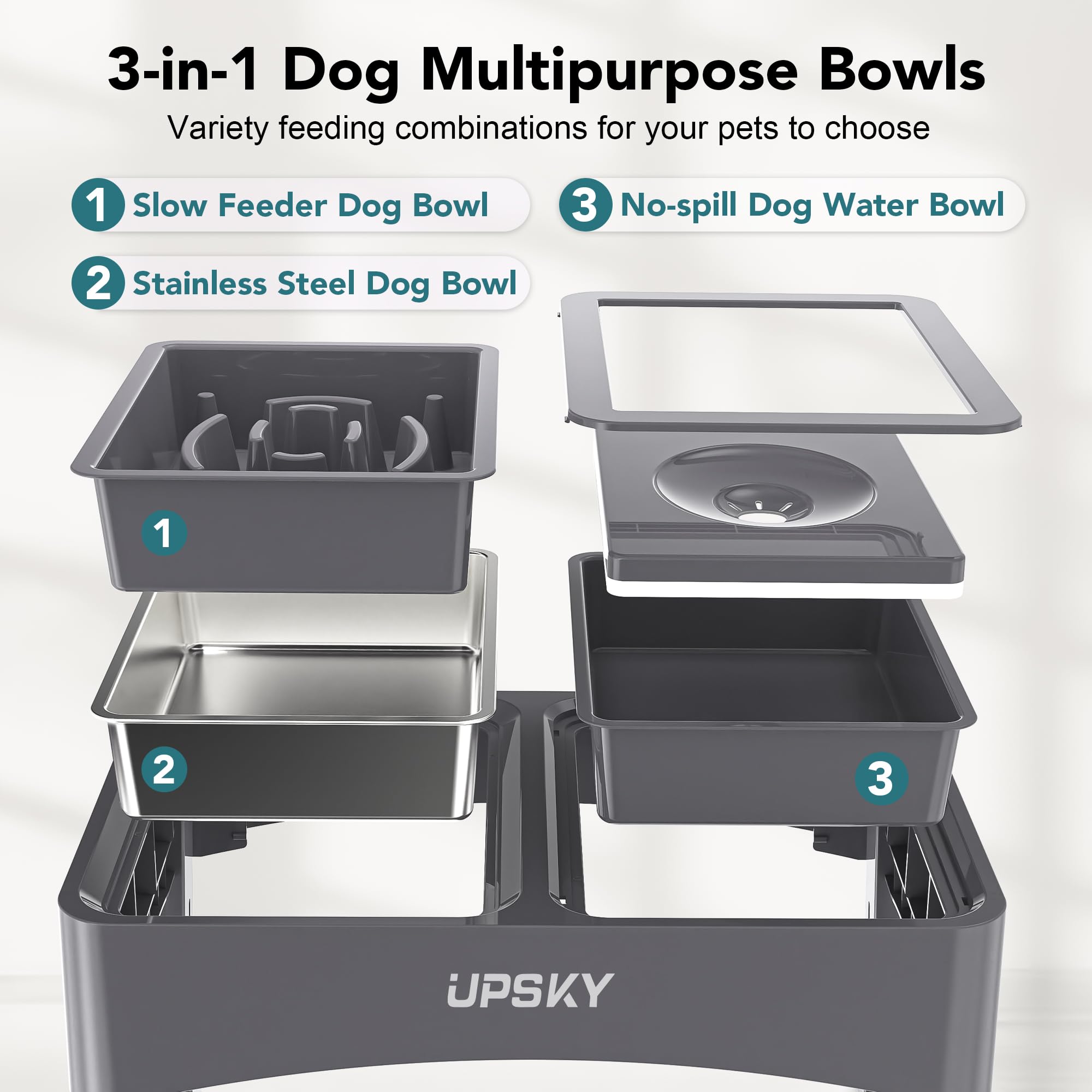 Upsky Elevated 3-In-1 Dog Bowls: Slow Feeder, Stainless Steel Adjustable (4 Heights), No-Spill, For Small/Medium Dogs (Grey)