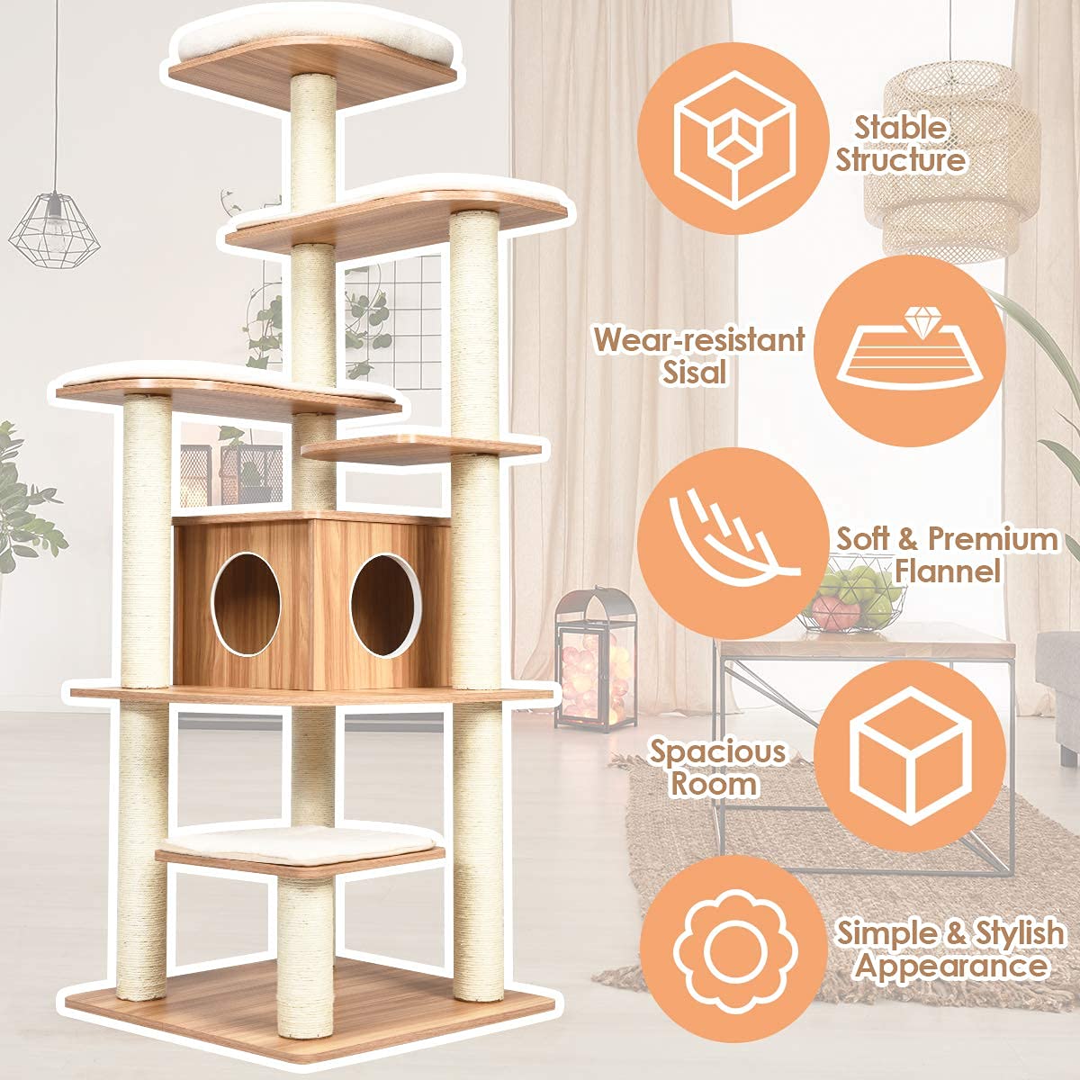 Tangkula Tall Cat Tree, 69-Inch Modern Cat Tower with Sisal Rope Scratching Posts, Wood Cat Tree with Multi-Layer Platform, Cat