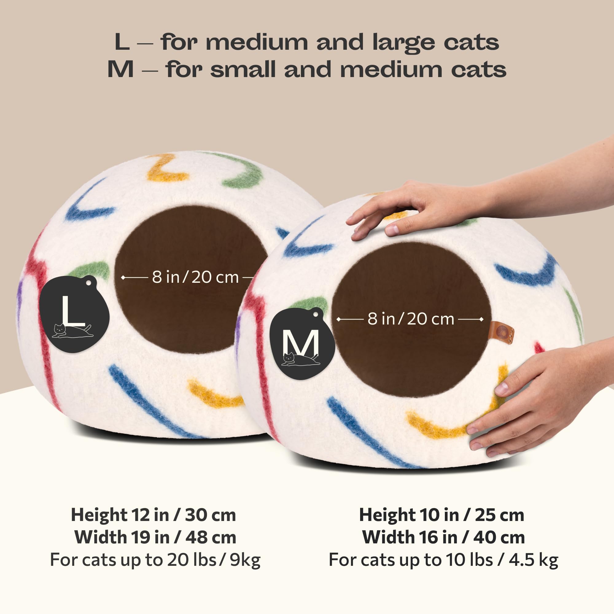 Meowfia Cat Cave - Premium Felt Cat Bed For Indoor Cats, Handmade 100% Merino Wool (Vivid Shades) (Large, Ivory Rainbow)