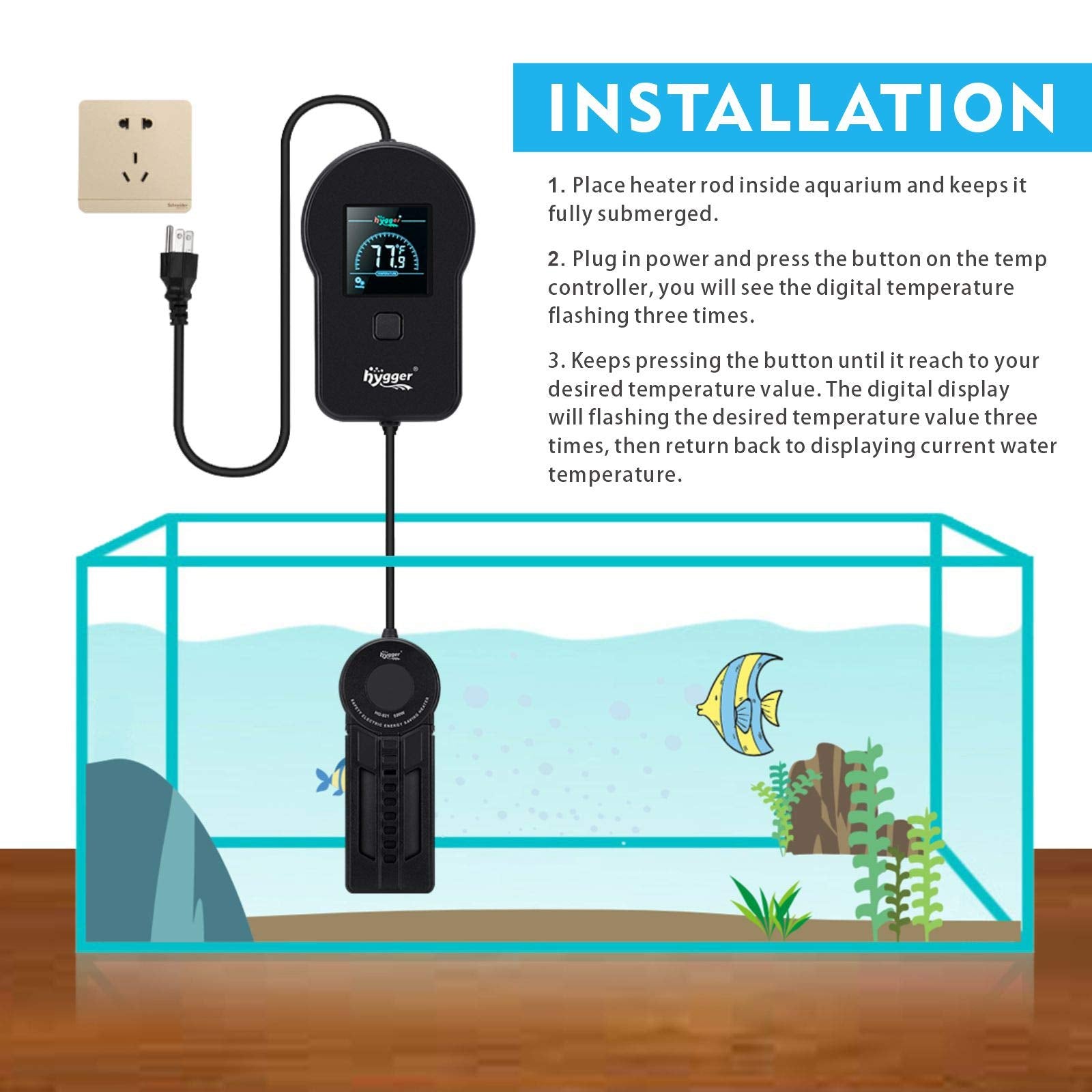 Hygger Fast Heating Aquarium Heater 500W With Digital Controller For 60-120 Gallon Fish Tank Cichild Turtle Pond Accurate Adjustable Temperature