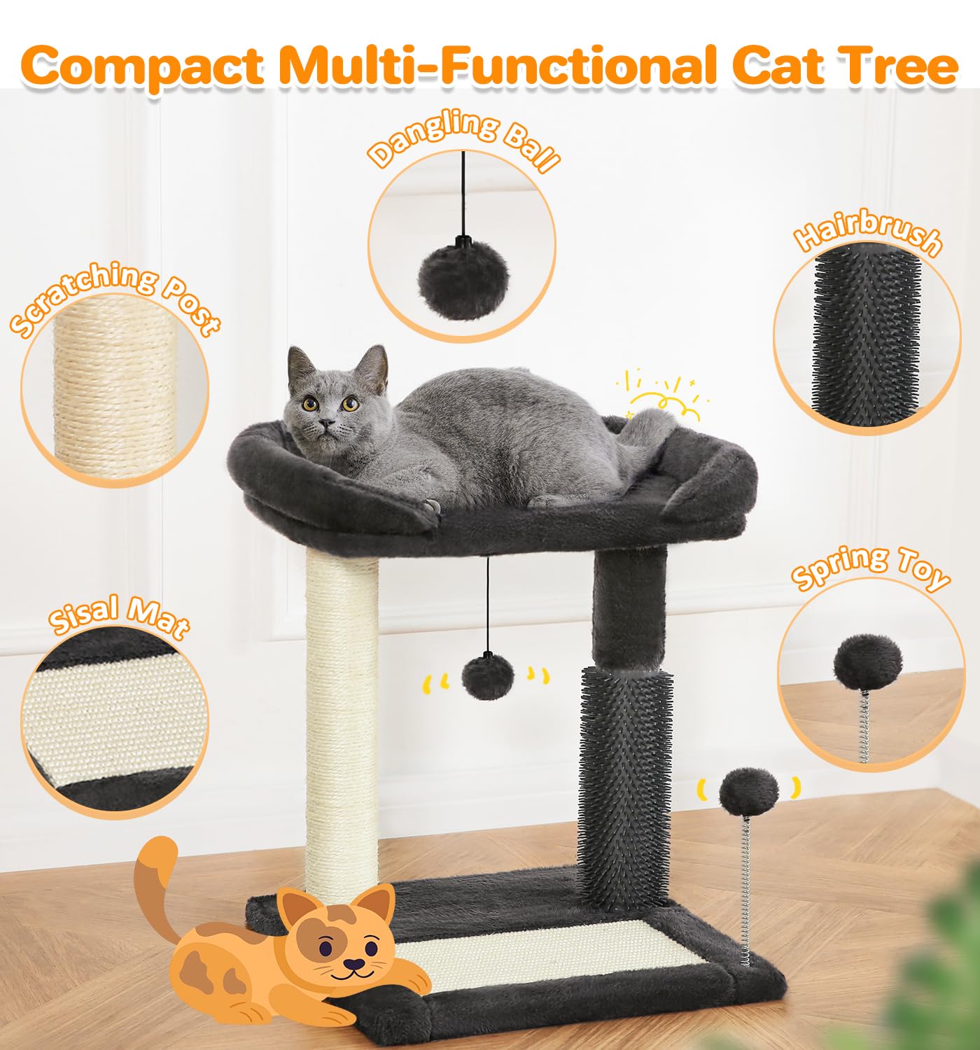 Made4Pets Small Cat Tree Tower, Cat Scratching Post 4-In-1 With Cat Self Groomer Brush, 20'' Tall Natural Sisal Cat Scratcher, S