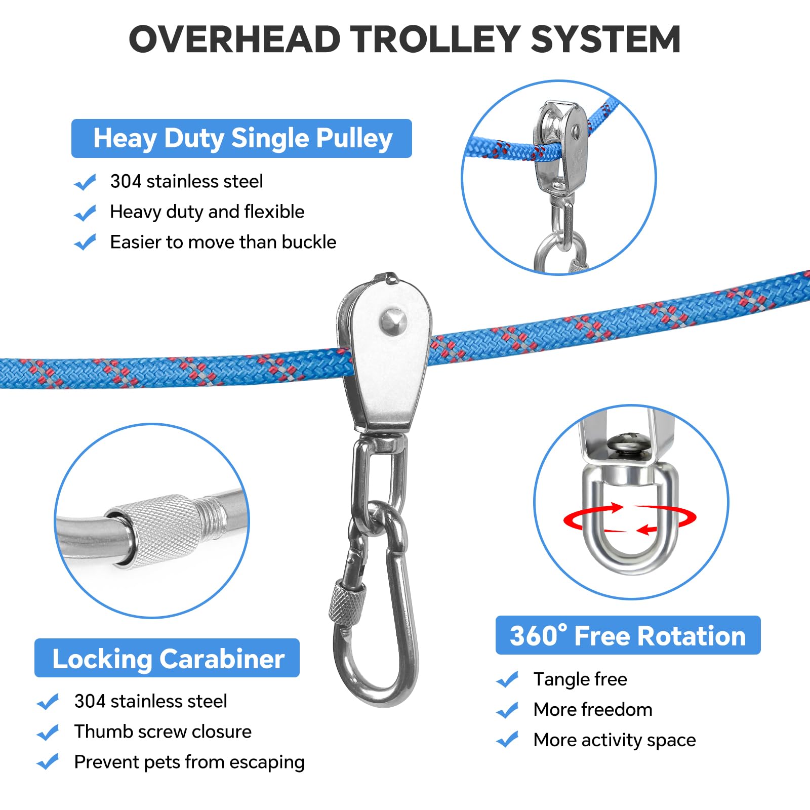 Dog Camping Essentials 50Ft Portable Overhead Trolley System Pet Camping Leash For Dogs Up To 200Lbs Dog Runner For Yard Blue