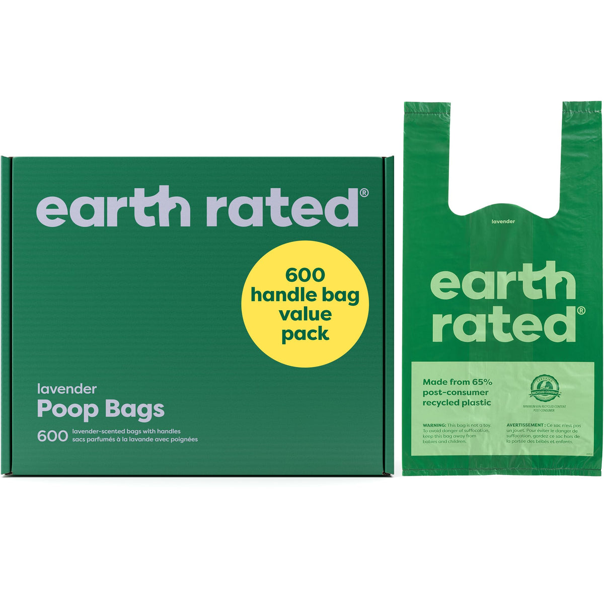 Earth Rated Dog Poop Bags With Handles Value Pack, Easy Tie And Guaranteed Leakproof, Lavender, 600 Handle Bags