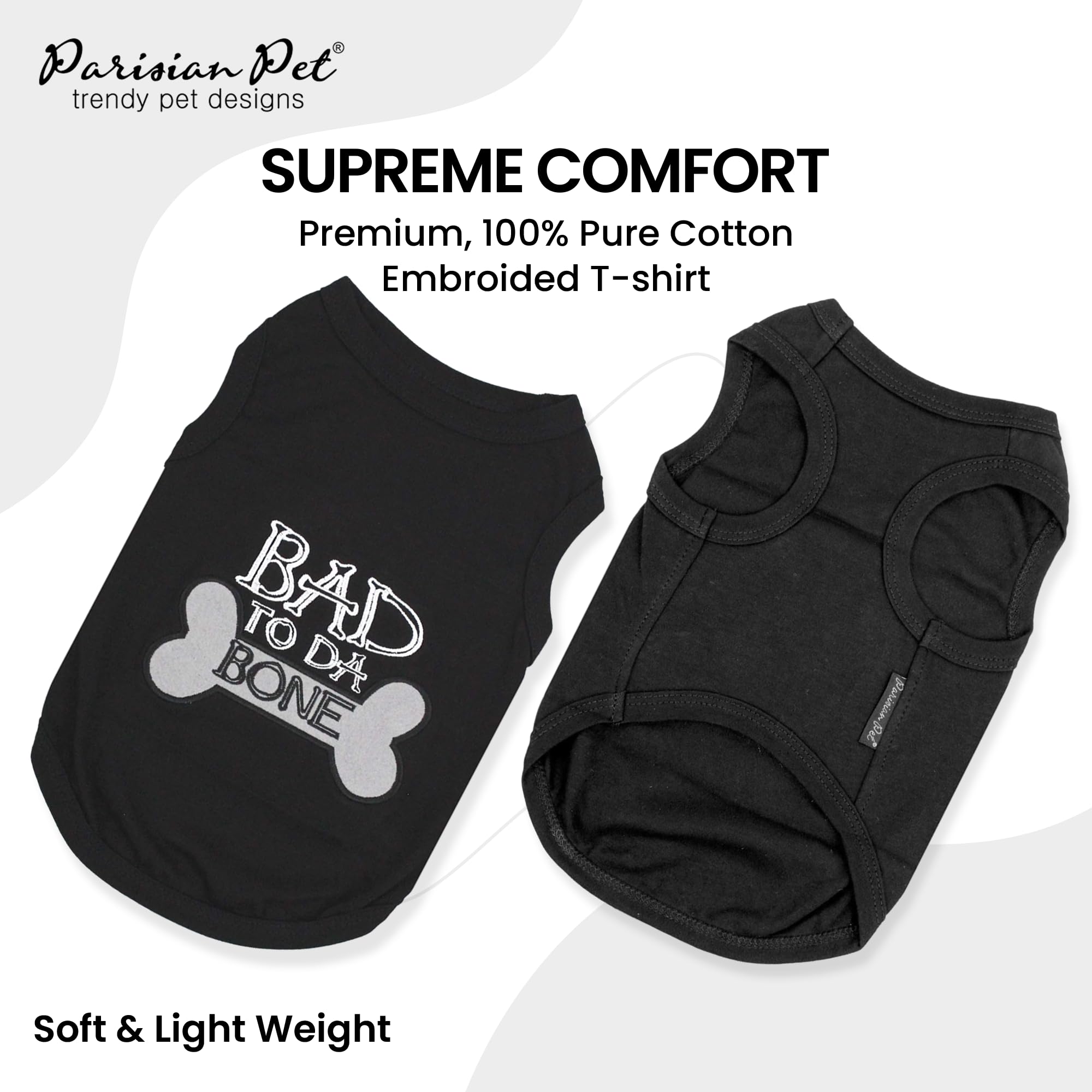 Parisian Pet Dog T-Shirt - Embroidered Bad to Da Bone Dog Clothes - 100% Cotton, Sleeveless Pet Vest - Machine Washable Shirt fo