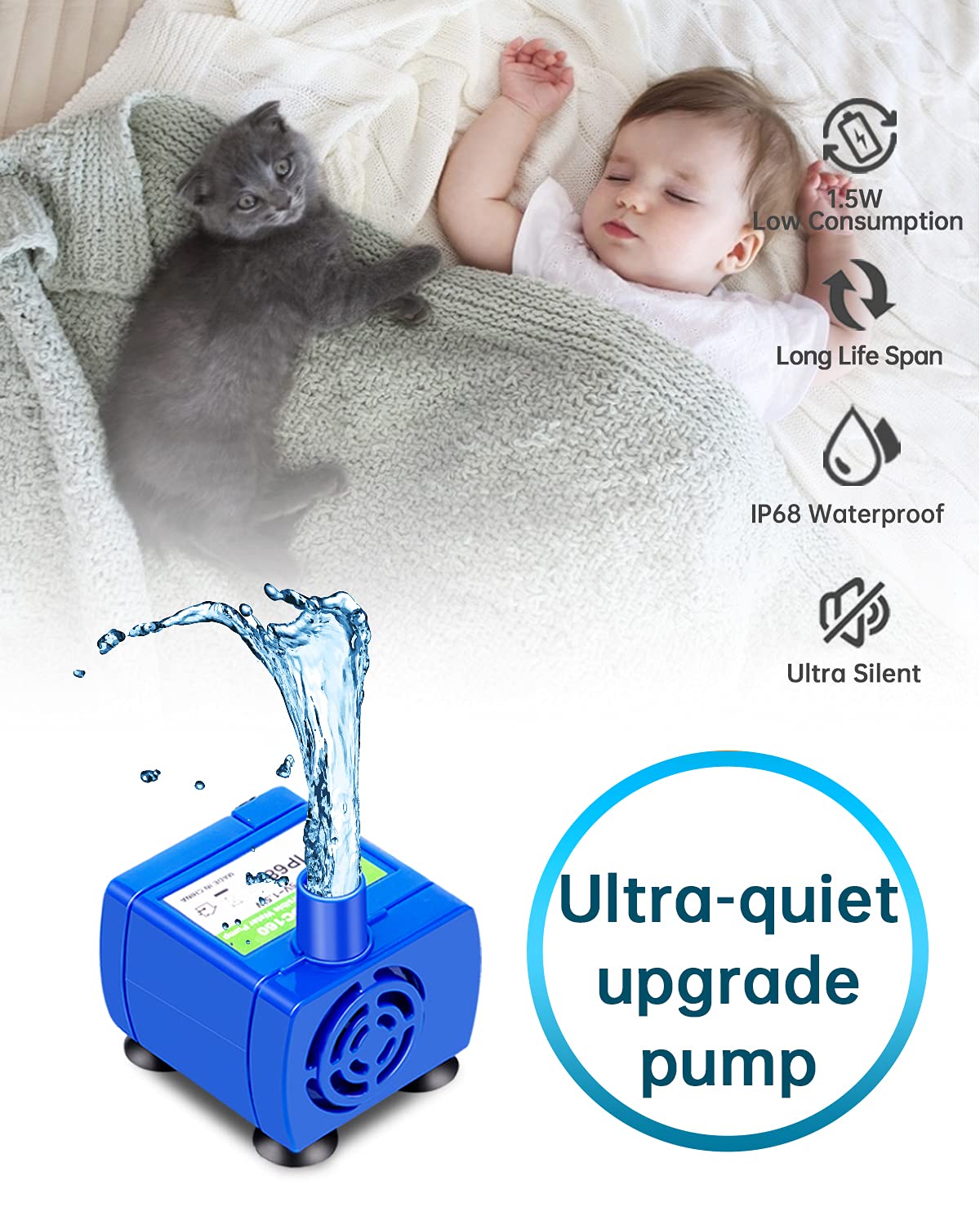 Cat Water Fountain Pump,Pet Fountain Pump Replacement Pump Dr-Dc160 Motor For 360?tainless Steel Cat Fountain And Cupcake Ceramic Cat Drinking Fountain(No Led Light)