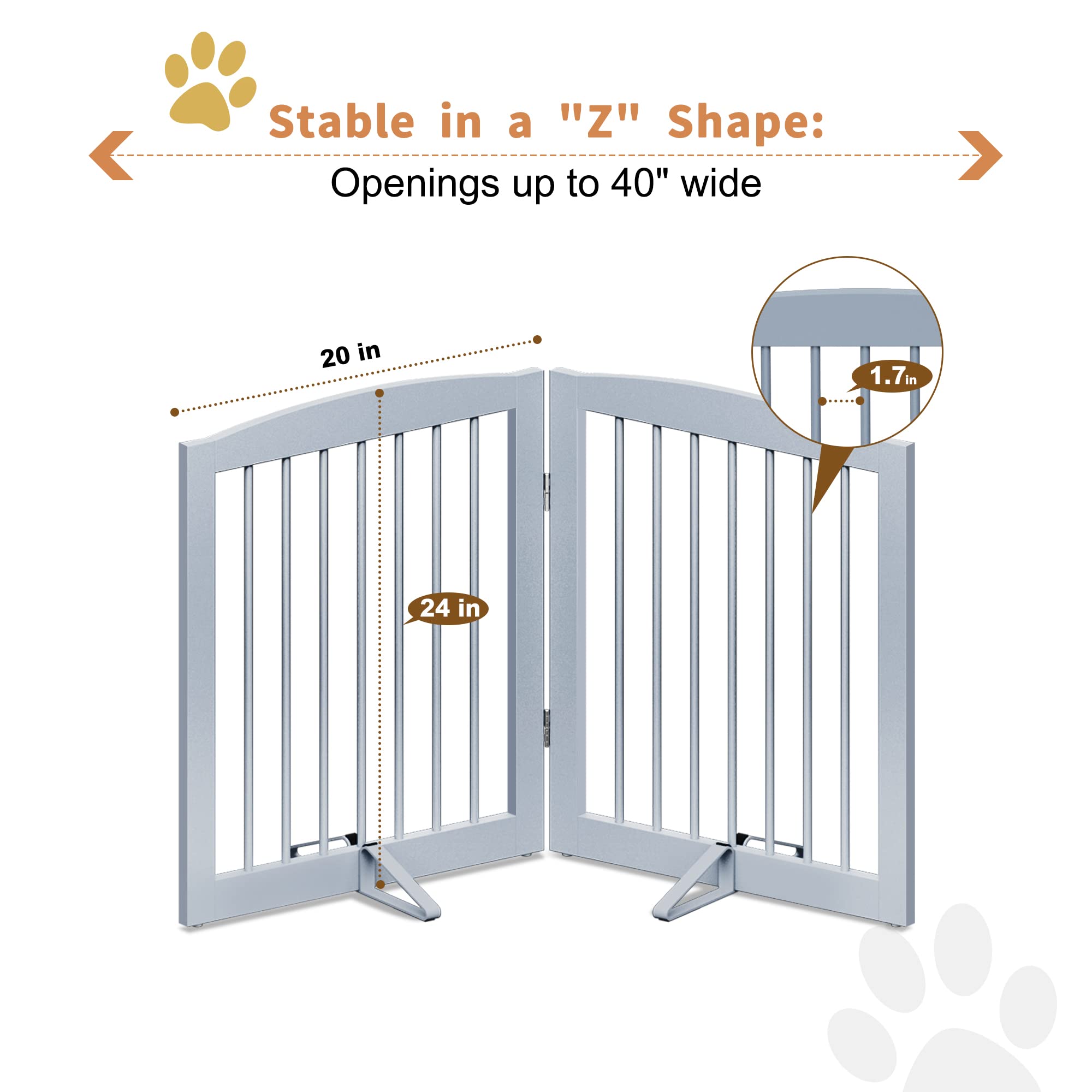 Pupetpo Freestanding Pet Gate For Dogs, Foldable Wooden Dog Gate For House, Indoor Dog Gate For Stairs, Doorways, Step Over Pet Puppy Safety Fence, Support Feet Included, 24' Height 2 Panels, Grey