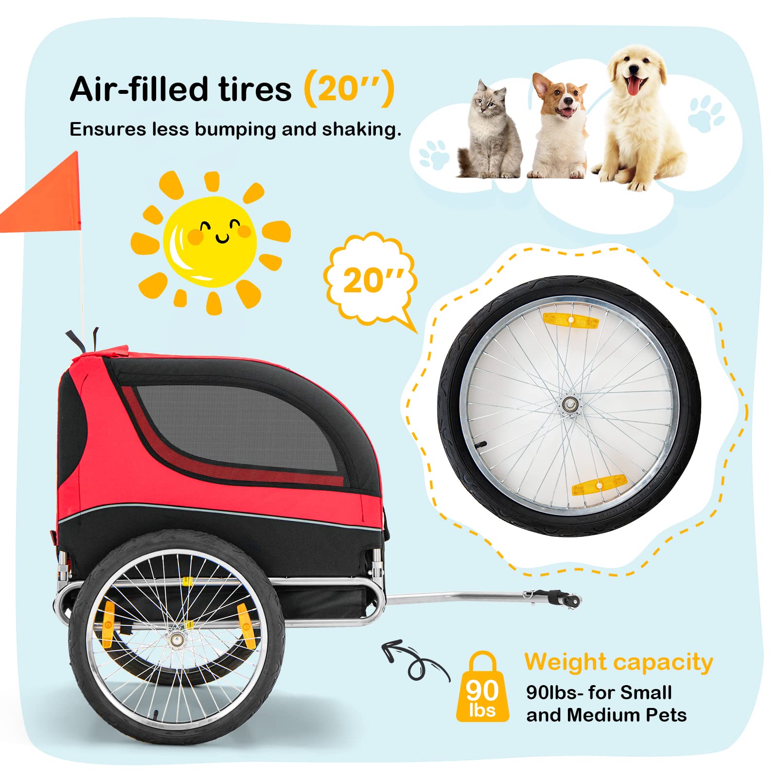 Dog Bike Trailer - Happaws Dog Trailer For Bicycle, Cargo Cycle Trailers Wagon Cart Pet Bike Carrier W/ 3 Doors, Aluminum Wheels, Safety Flag, Easy To Connect&Disconnect, Collapsible To Store
