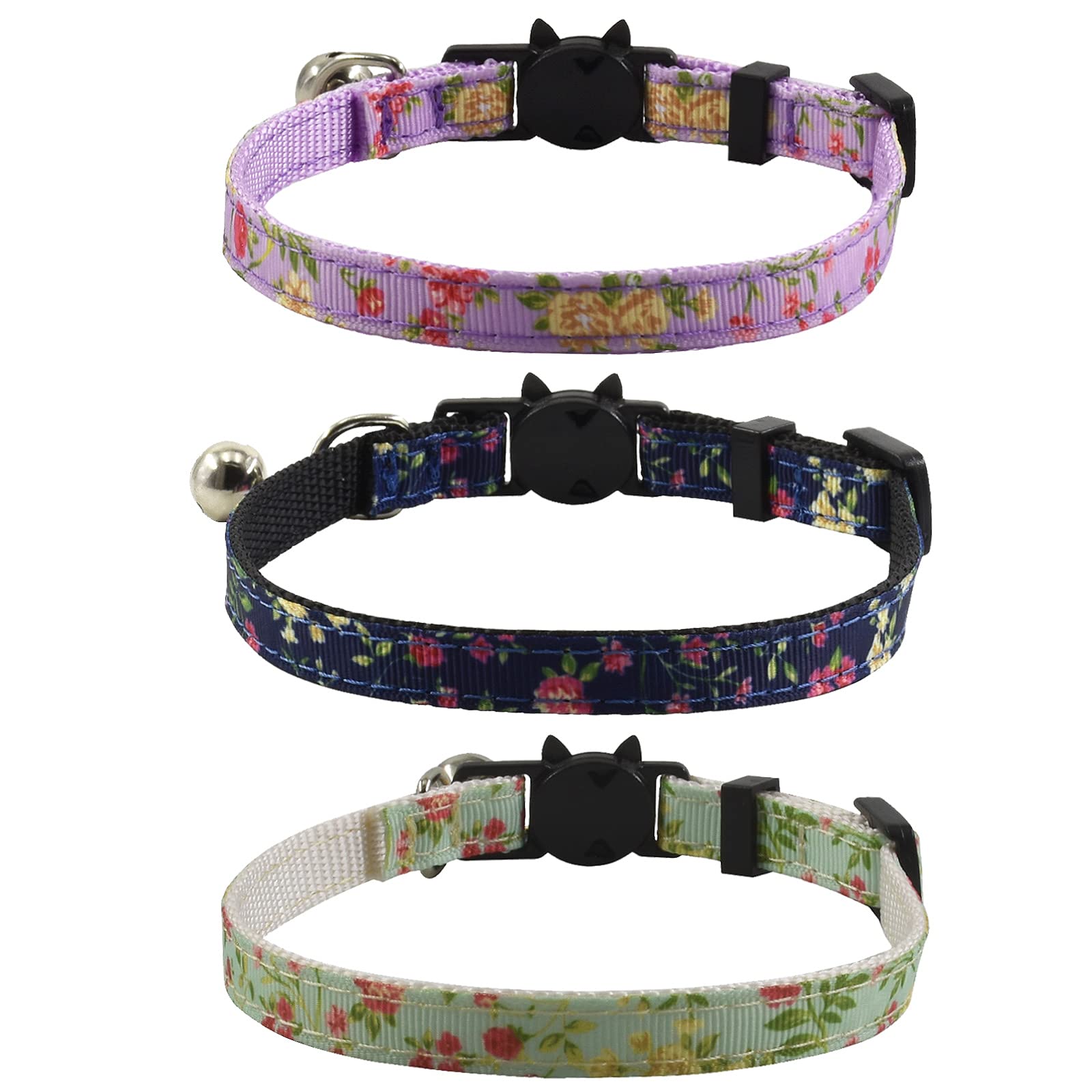 3 Pack Breakaway Cat Collars With Bell And Accessories, Flower Pattern Adjustable Cute Kitten Collars Floral For Kitty Puppy 7.5-11In …