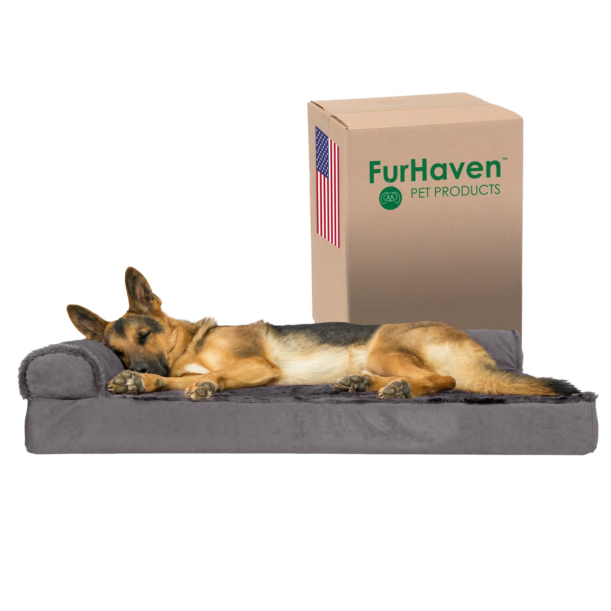 Furhaven Orthopedic Dog Bed For Large Dogs W/ Removable Bolsters & Washable Cover, For Dogs Up To 95 Lbs - Plush & Velvet L Shaped Chaise - Platinum Gray, Jumbo/Xl