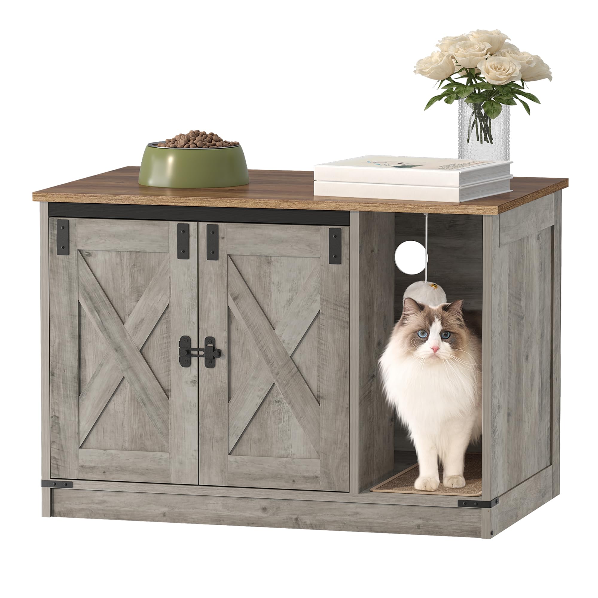 Hzuaneri Cat Litter Box Enclosure, Hidden Litter Box Cabinet Furniture with Bell, Indoor Cat House, Farmhouse Style, 31.5 x 19.7