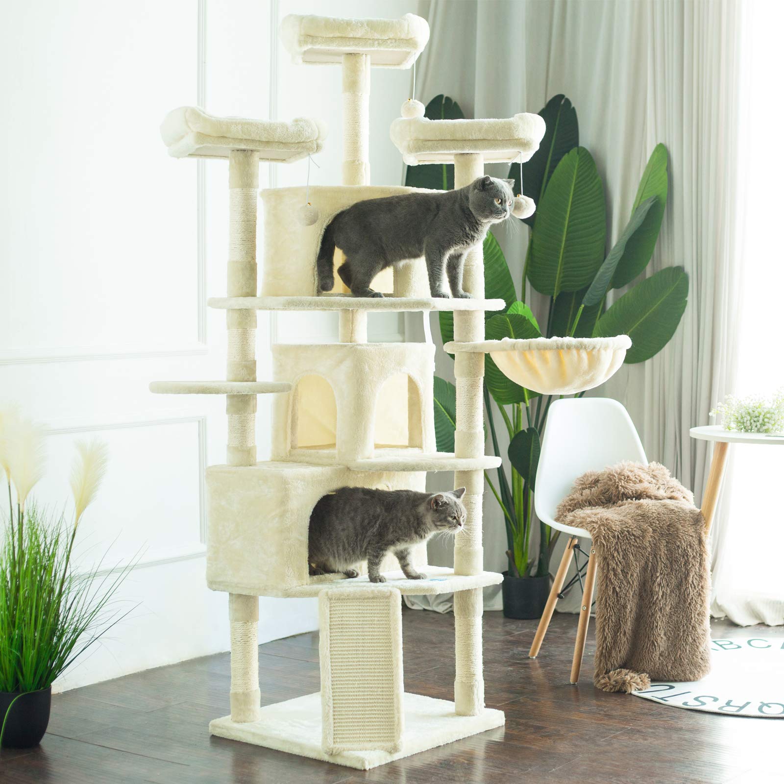 Hey-Brother Xl Size Cat Tree, 73.4 Inch Cat Tower With 3 Caves, 3 Cozy Perches, Scratching Posts, Board, Activity Center Stable For Kitten/Big Cat, Beige Mpj032M