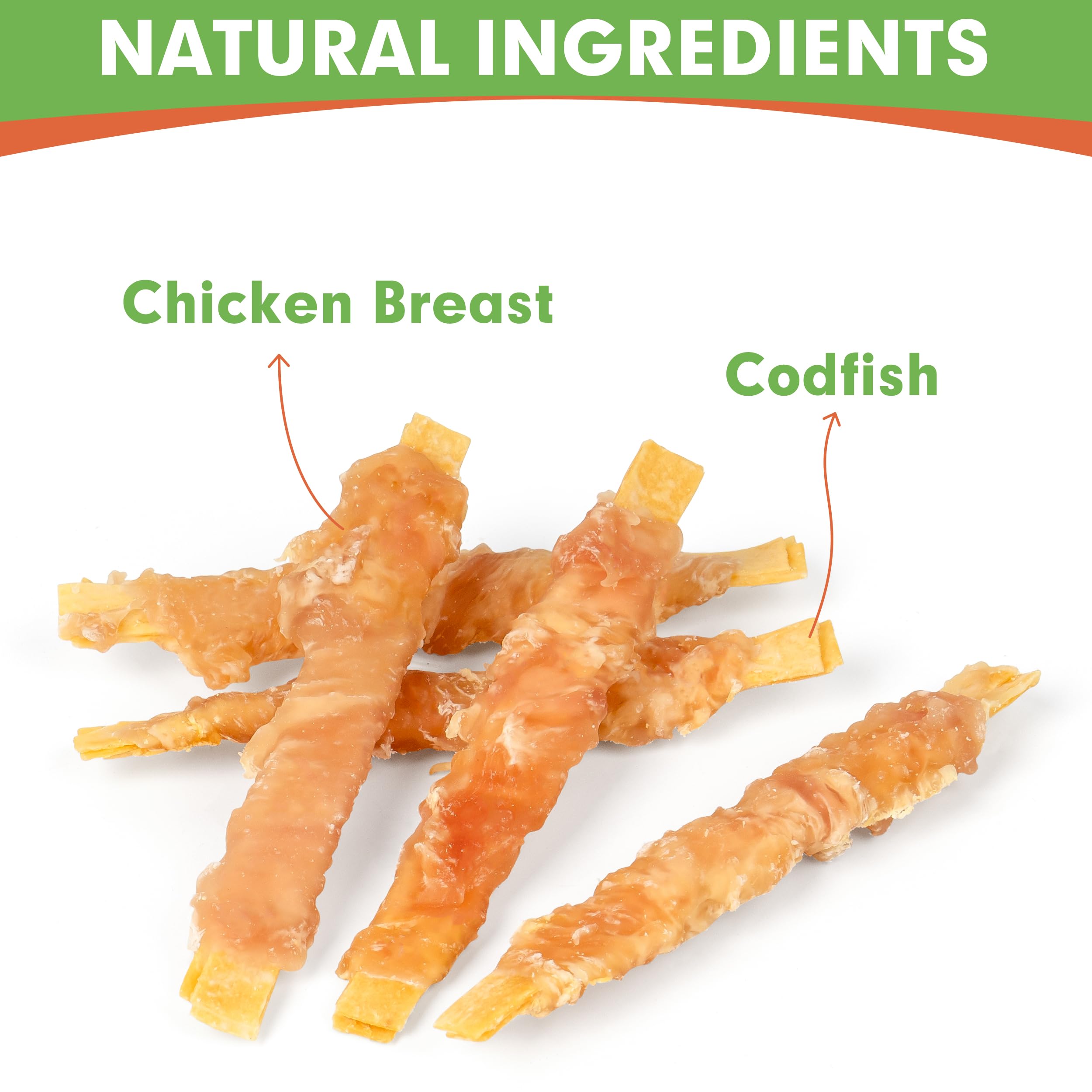 MON2SUN Rawhide Free Dog Treats, 4 Inch Chicken Wrapped Cod Fillet Dog Snacks for Small Dogs, Soft and Training Treats, 10.58oz