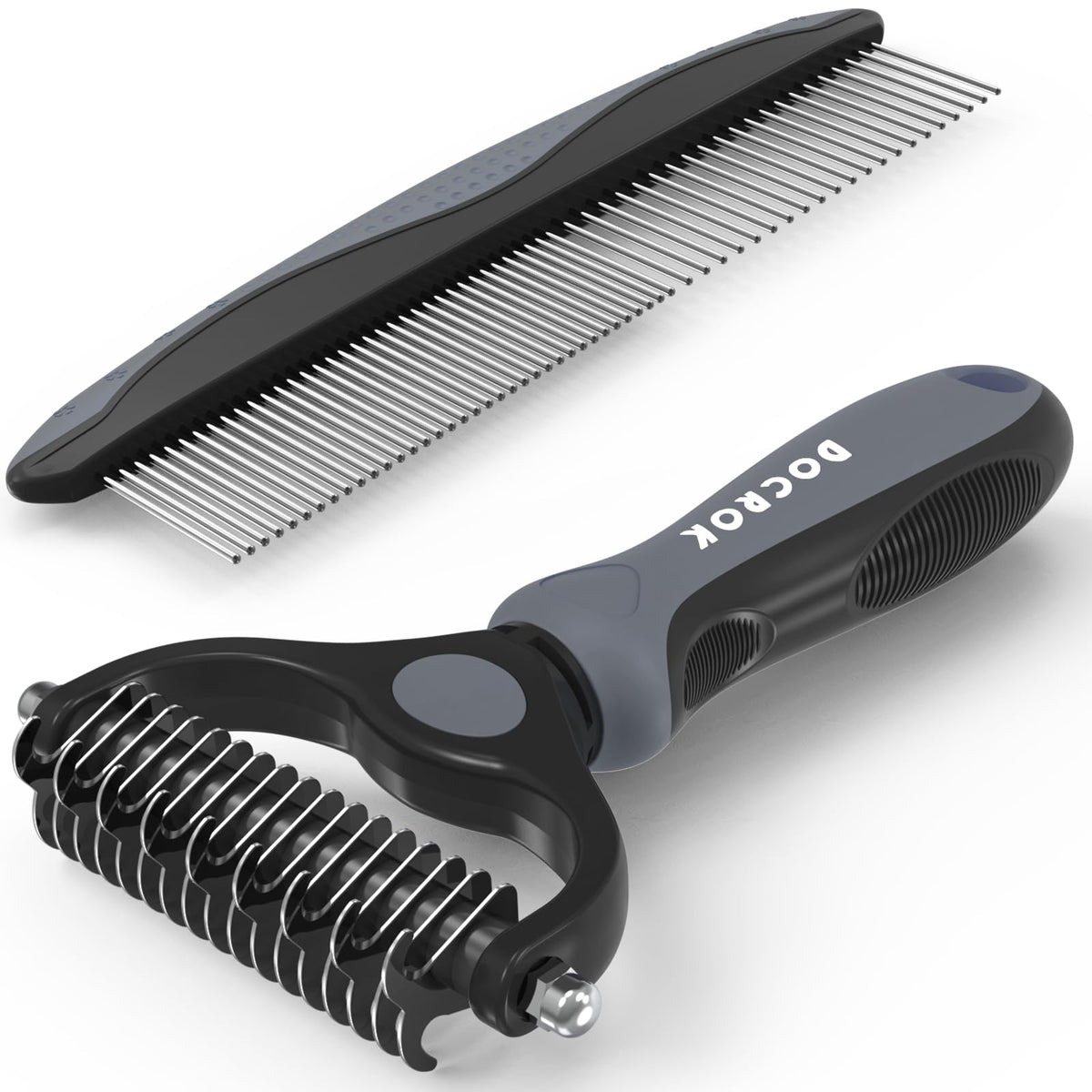 Docrok Pet Grooming Brush And Metal Comb Combo, Cat Brush Dog Brush For Shedding, Undercoat Rake For Dogs Grooming, Dematting Deshedding Brush Dogs Shedding Tool For Long Matted Haired Pets, Gray