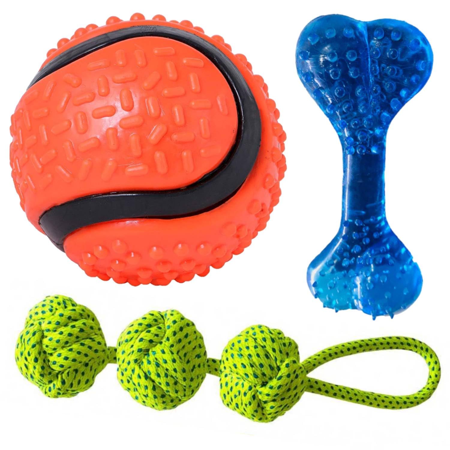YOUHAVEDEAL Dog Chew Toys for Small & Medium Dogs  3 Pack Durable Set with Large Hard Bouncing Rubber Ball, Tough Chew Bone & R