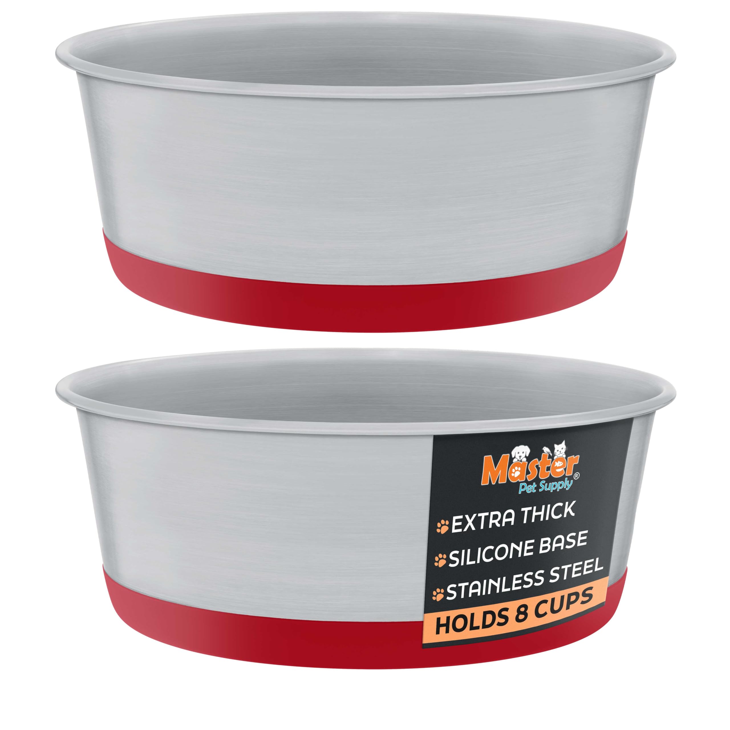 Master Pet Supply Stainless Steel Dog Bowls Set of 2 with Extra Thick Silicone Base - 8 Cup (64 oz) Crimson Red, Non-Slip, Dishw