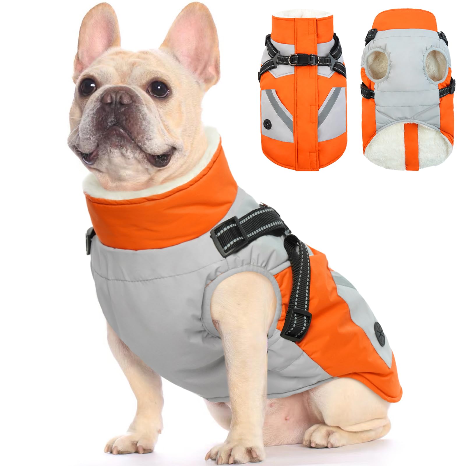 Fuamey Dog Jacket - Waterproof Winter Coat With Built-In Harness - Reflective Vest For Small Dogs - Orange S