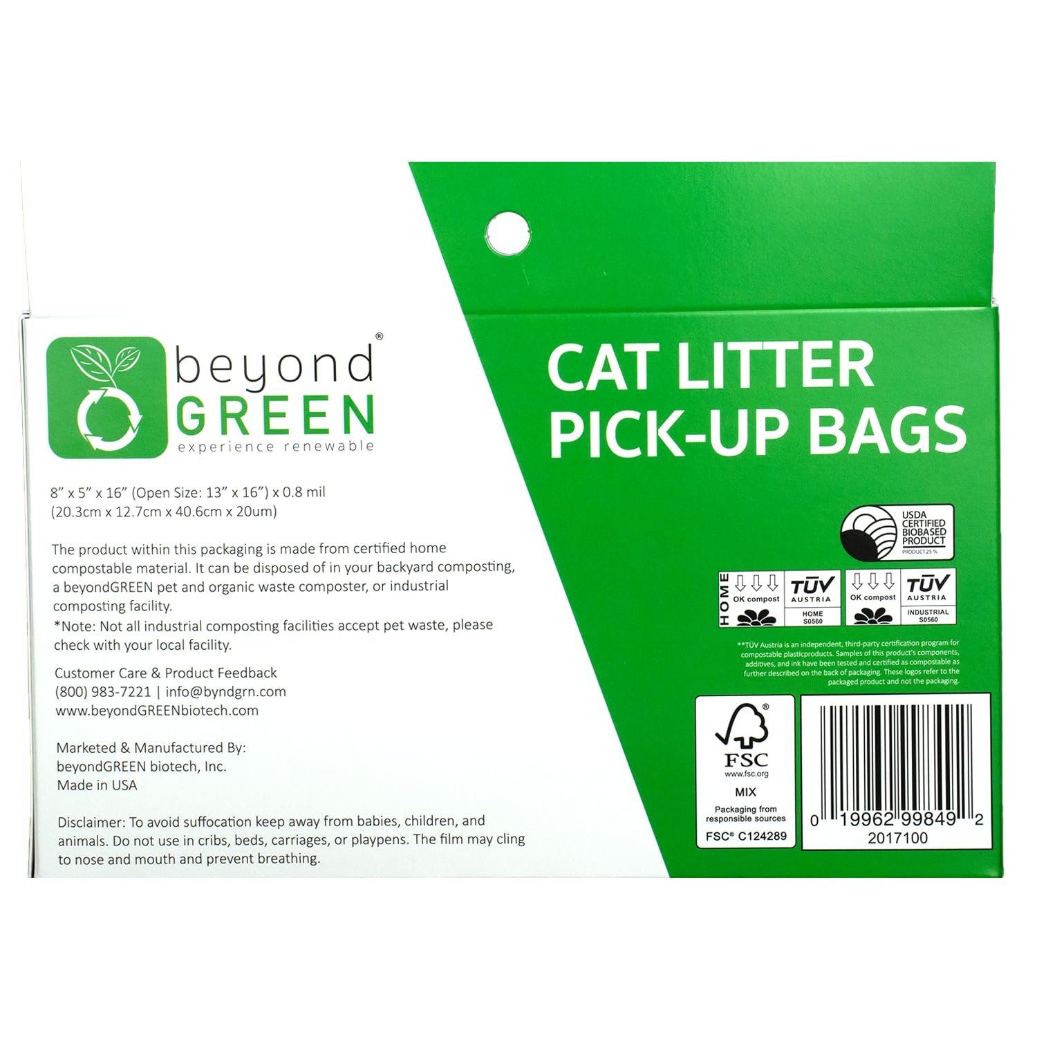 beyondGREEN Plant-Based Cat Litter Poop Waste Pick-Up Bags with Handles - 100 Bags - 8 in x 16 in