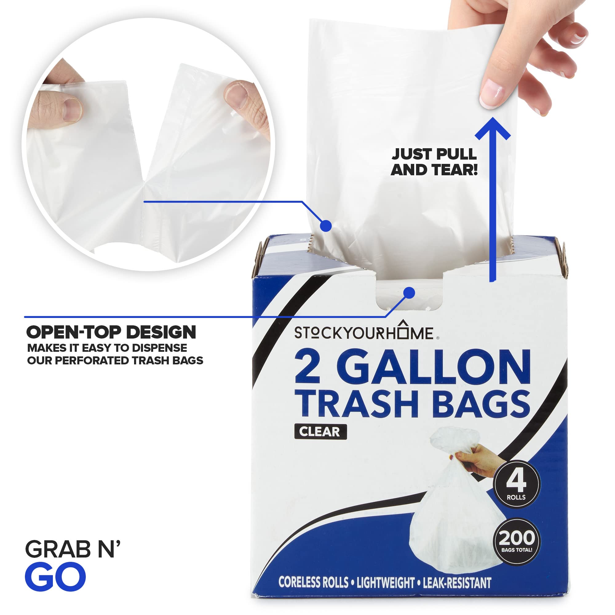 Stock Your Home Clear 2 Gallon Trash Bags, 200 Pack, Un-Scented Plastic Liners for Bathroom, Office, and Dog Waste