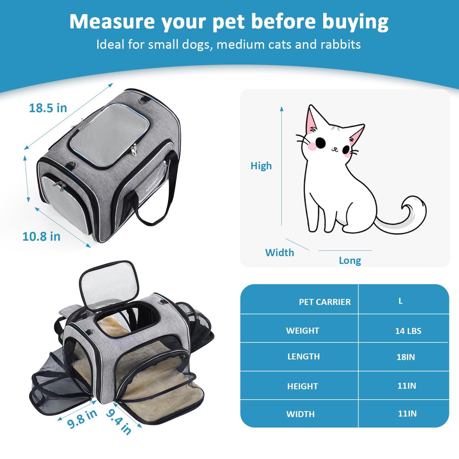 4 Sides Expandable Cat Travel Bag Airline Approved Collapsible Cat Soft-Sided Carriersexpandable Pet Carrier，Folding Soft Sided Transport Tote Bag For Kittens,Dog & Small Animals、Removable Fleece Pad